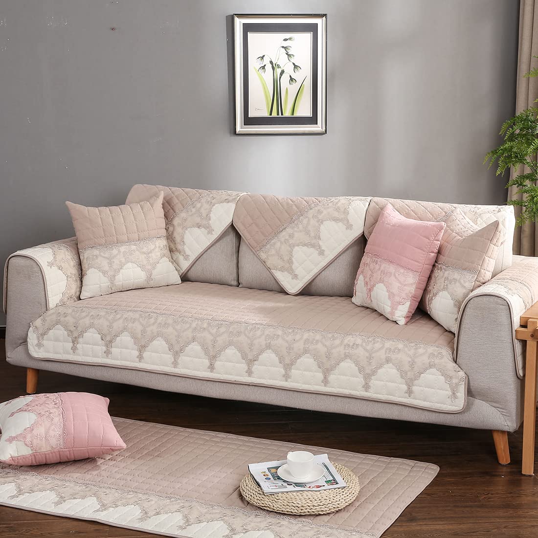 VCTOPS Embroidered Lace Sofa Cover - Quilted Sectional Couch Protector, Non-Slip Pet-Friendly Slipcover for Leather L-Shaped Sofas & Recliners (Beige, 43