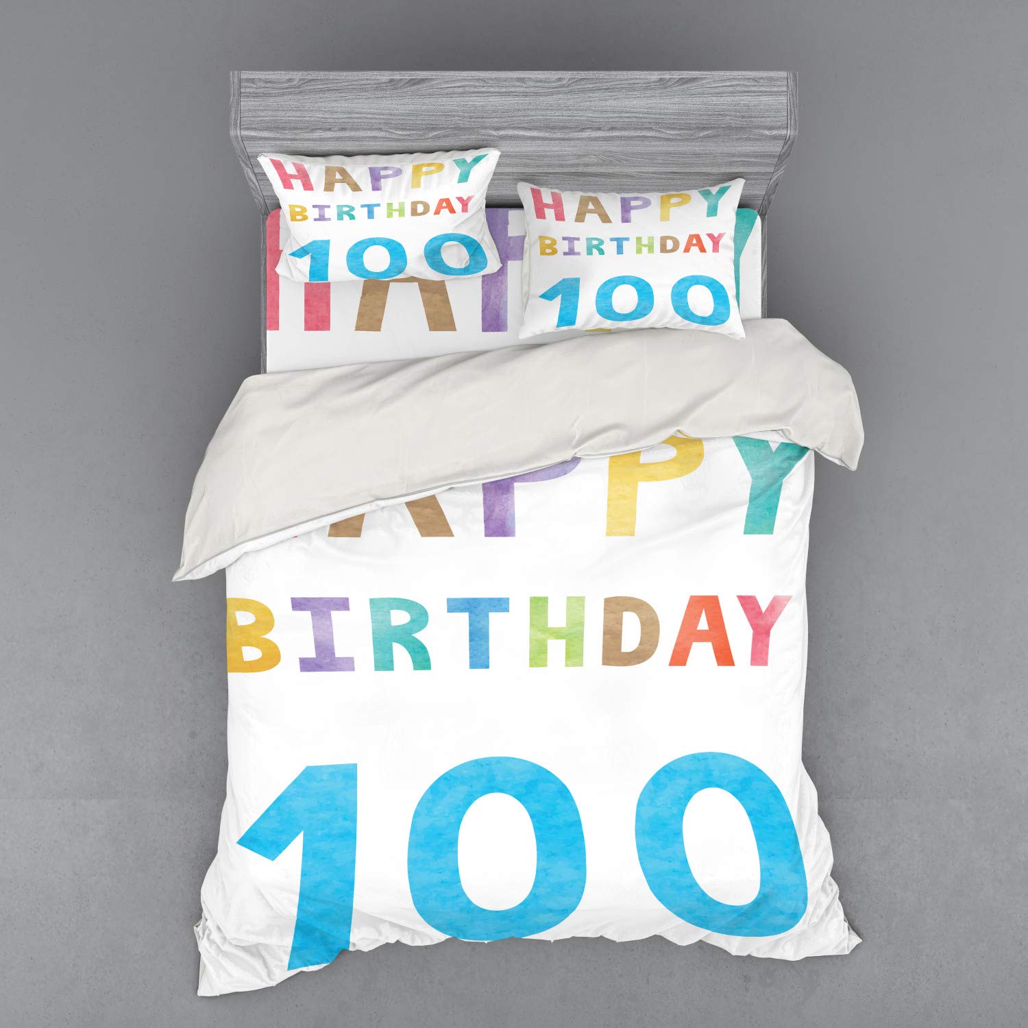 Ambesonne 100th Birthday Duvet Cover Set - Vintage Style 4-Piece Bedding with Shams & Fitted Sheet for Queen Size Beds - Perfect for Grandparents' Milestone Celebrations & Themed Party Decor