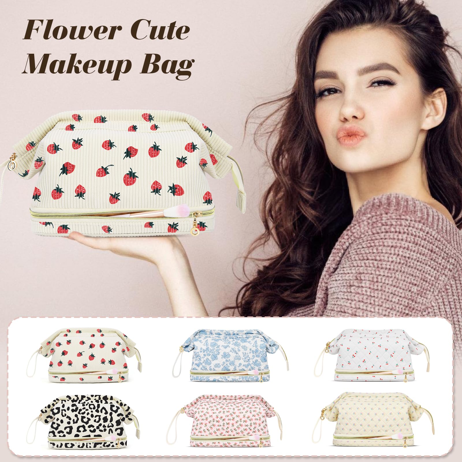 Stylish Large Corduroy Makeup Bag for Women & Girls - Travel Cosmetic Organizer with Strawberry Design, Perfect for Toiletries & Travel Essentials | Ideal for Vacation, Gym, and Daily Use