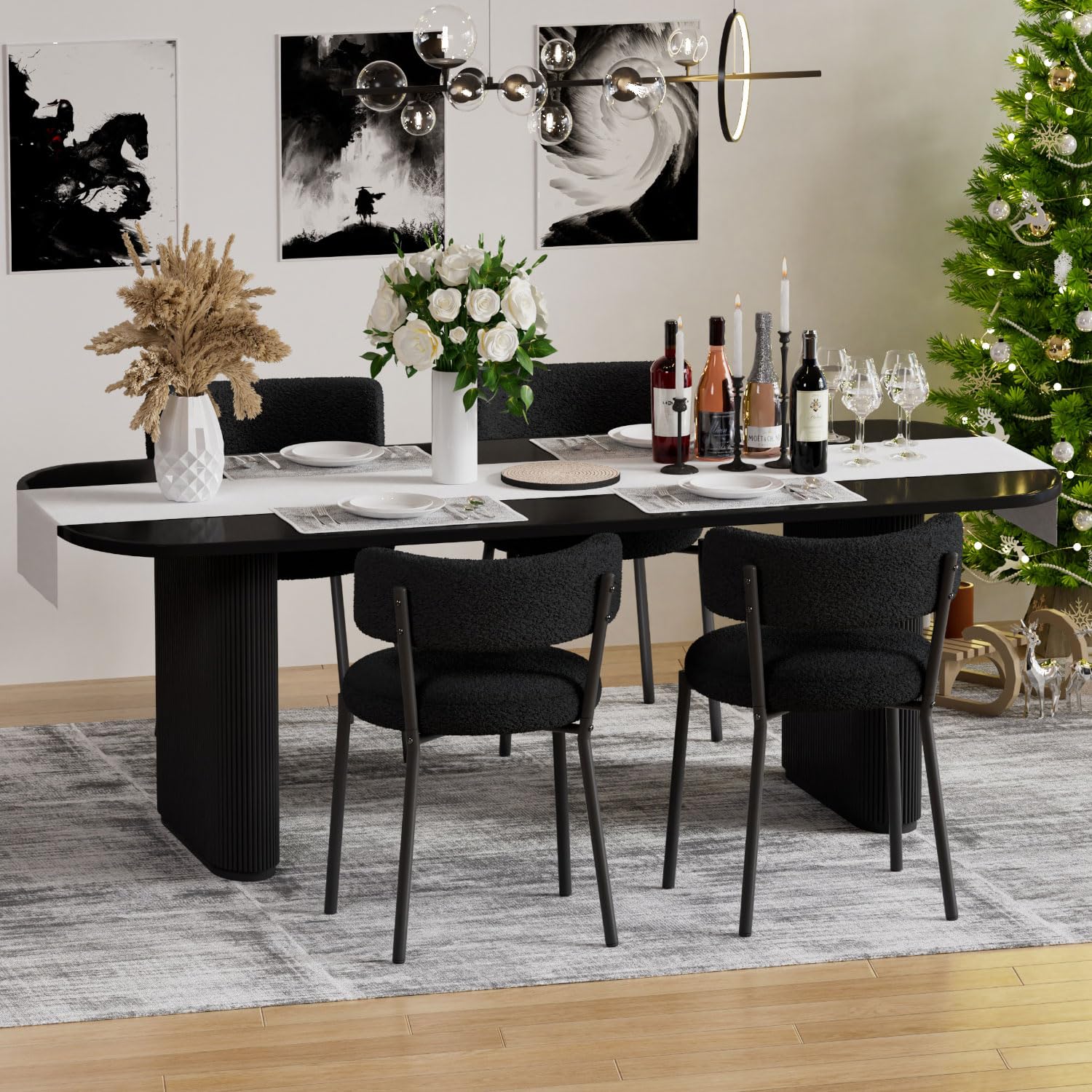 Modern Dining Chairs Set of 4 - Round Upholstered Boucle Sherpa Kitchen Chairs with Curved Backrest & Black Metal Legs | Mid-Century Style for Dining Room, Breakfast Nook & Small Space Decor