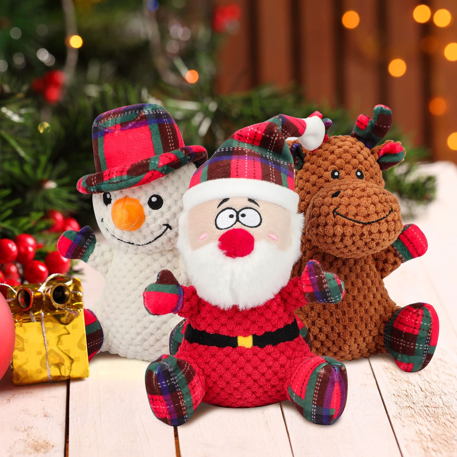 Rypet 3 Pack Christmas Dog Toys - Durable Plush Chew Toys for Small & Medium Dogs - Interactive Pet Stuffed Animals for Playtime & Training