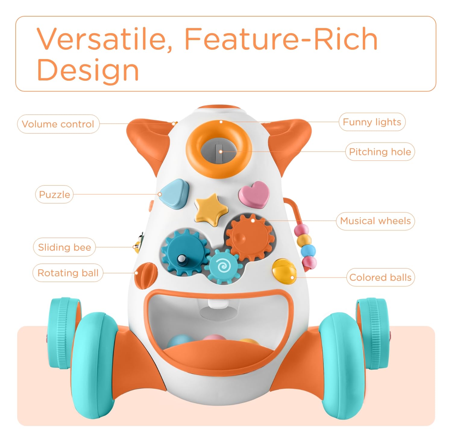Montessori Baby Walker - Interactive Push & Pull Learning Toy for Toddlers with Soft Music, Lights, Adjustable Speed & Non-Slip Wheels | Educational Activity Center for Early Walking Development | Perfect for Home, Daycare & Playroom Use
