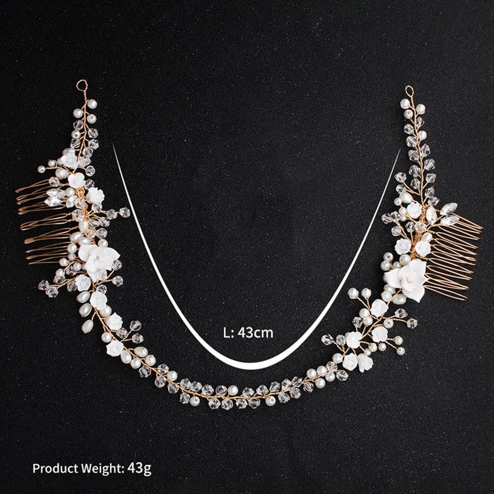 Handmade Crystal Pearls Ceramic Flower Bridal Hair Comb - Elegant Wedding Headband & Tiara for Women - Perfect for Bridal Showers, Weddings, and Formal Events