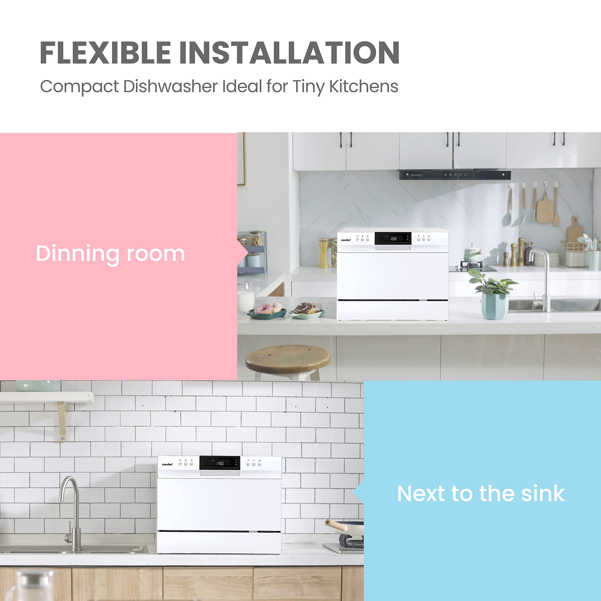 COMFEE’ Portable Mini Dishwasher - Energy Star Certified Countertop Dishwasher with 8 Washing Programs (Speed, Baby-Care, ECO & Glass) | 6 Place Settings | Compact Dish Washer for Dorm, RV, Apartment & Small Kitchens | White | Perfect for Studio Living, Camping & Tiny Homes