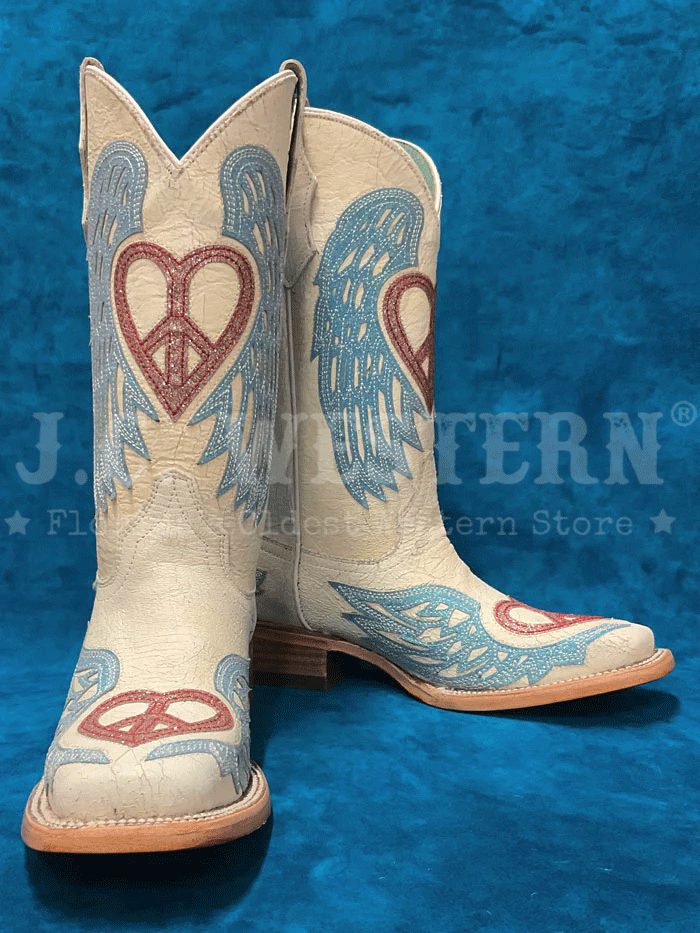 Corral T0147 Teen Glitter Heart & Wings Square Toe Cowgirl Boots - White Western Boots for Girls, Perfect for Rodeo, Country Dance & Cowgirl Fashion