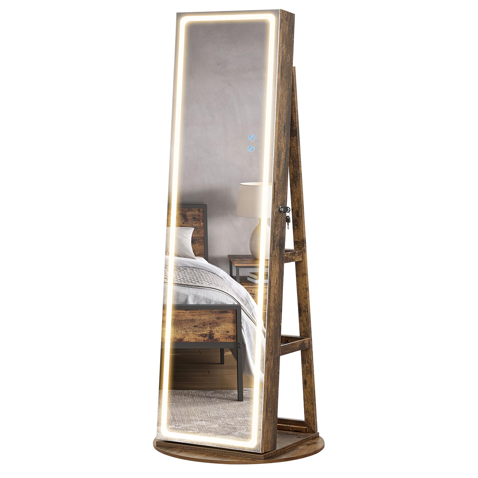 SONGMICS LED Jewelry Armoire with Full-Length Mirror - Lockable Standing Jewelry Cabinet with Adjustable Lighting, Rustic Brown UJJC008X01 - Perfect for Bedroom, Closet & Gift Giving