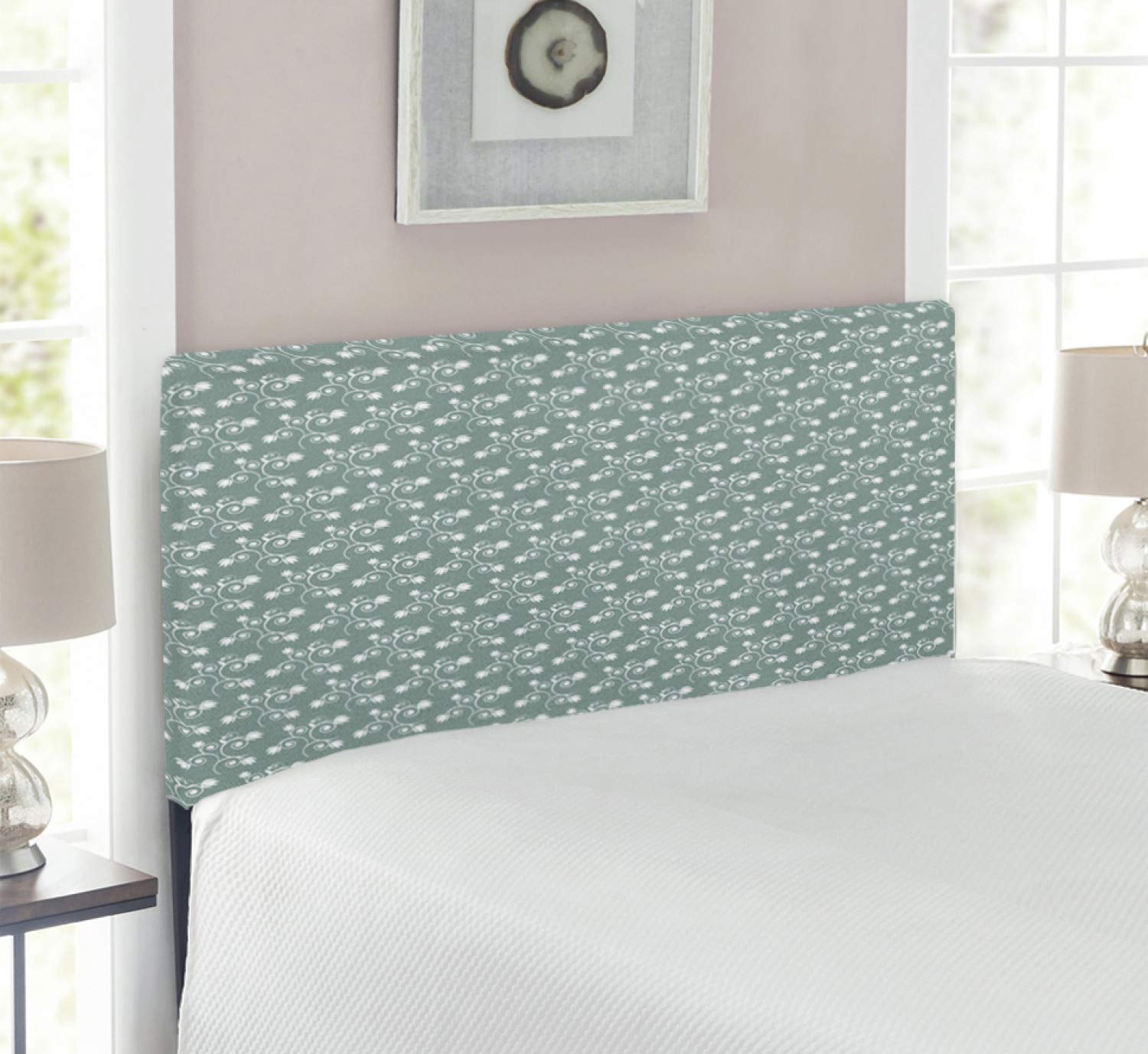 Ambesonne Vintage Floral Headboard - Spring Meadow Design with Swirled Twigs & Tulip Buds Nature Art, Upholstered Metal Bed Headboard with Memory Foam, Twin Size in Pale Sage Green & White | Perfect for Bedroom Decor, Guest Rooms & Nature-Themed Interior Design