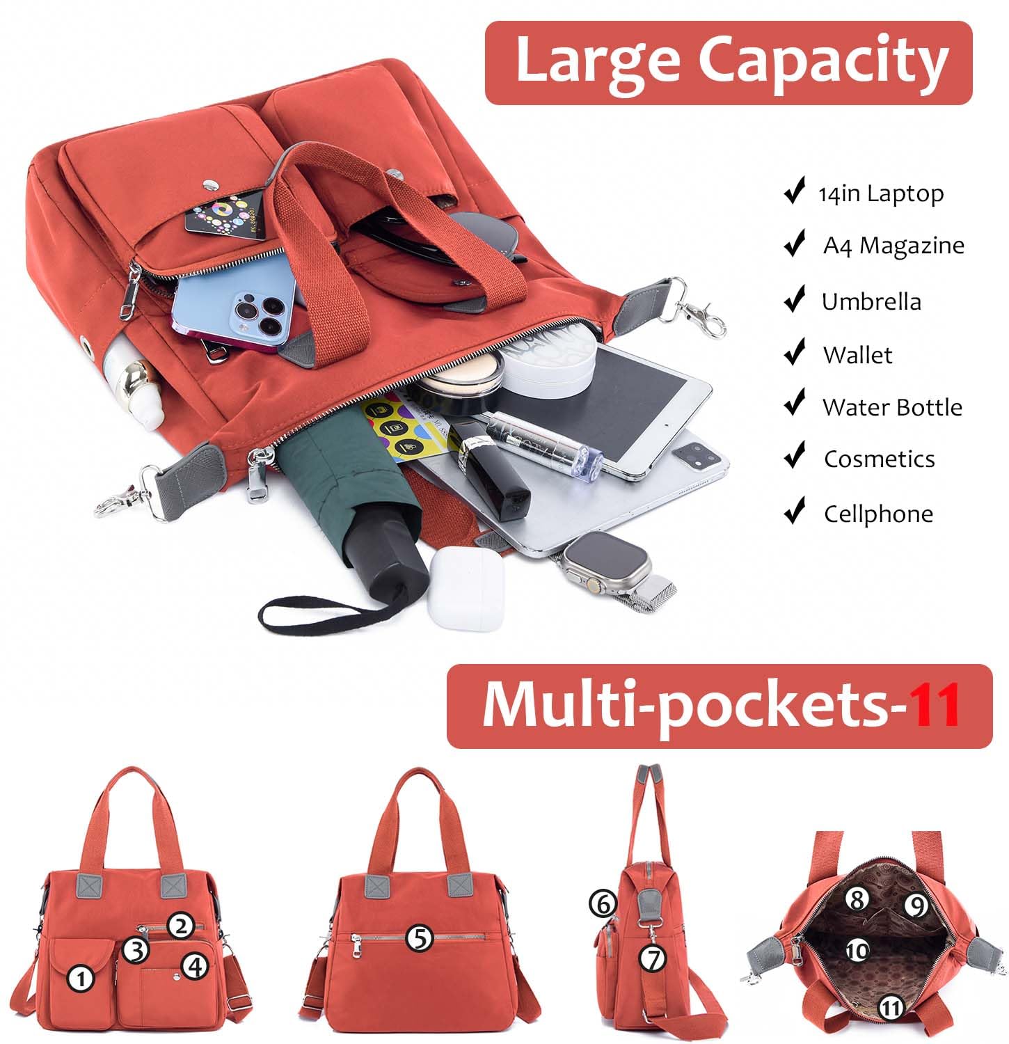 Women's Waterproof Nylon Utility Tote Bag - Multi-Pocket Work Shoulder Bag for Teachers, Nurses & Professionals | Perfect for Work, Travel & Everyday Use