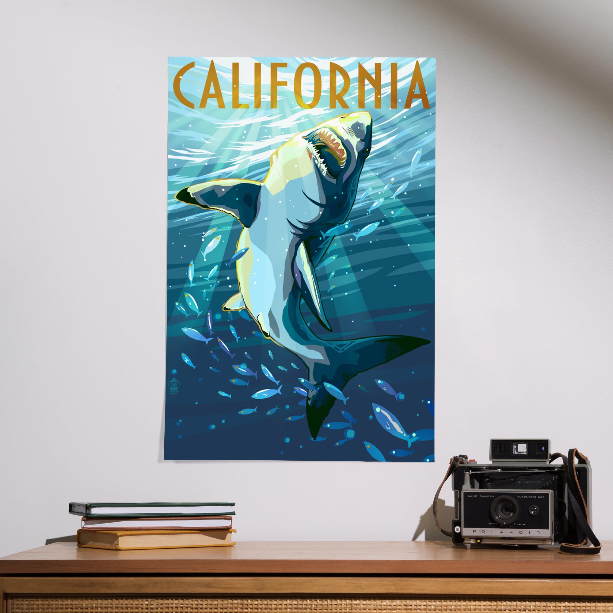 Lantern Press 16x24 Inch Giclee Art Print - California Stylized Sharks Wall Decor - Perfect for Living Room, Bedroom & Office Wall Art