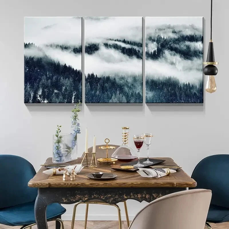 3-Piece Winter Misty Forest Landscape Metal Print Wall Art - Ready to Hang Home Decor for Living Room, Bedroom & Office