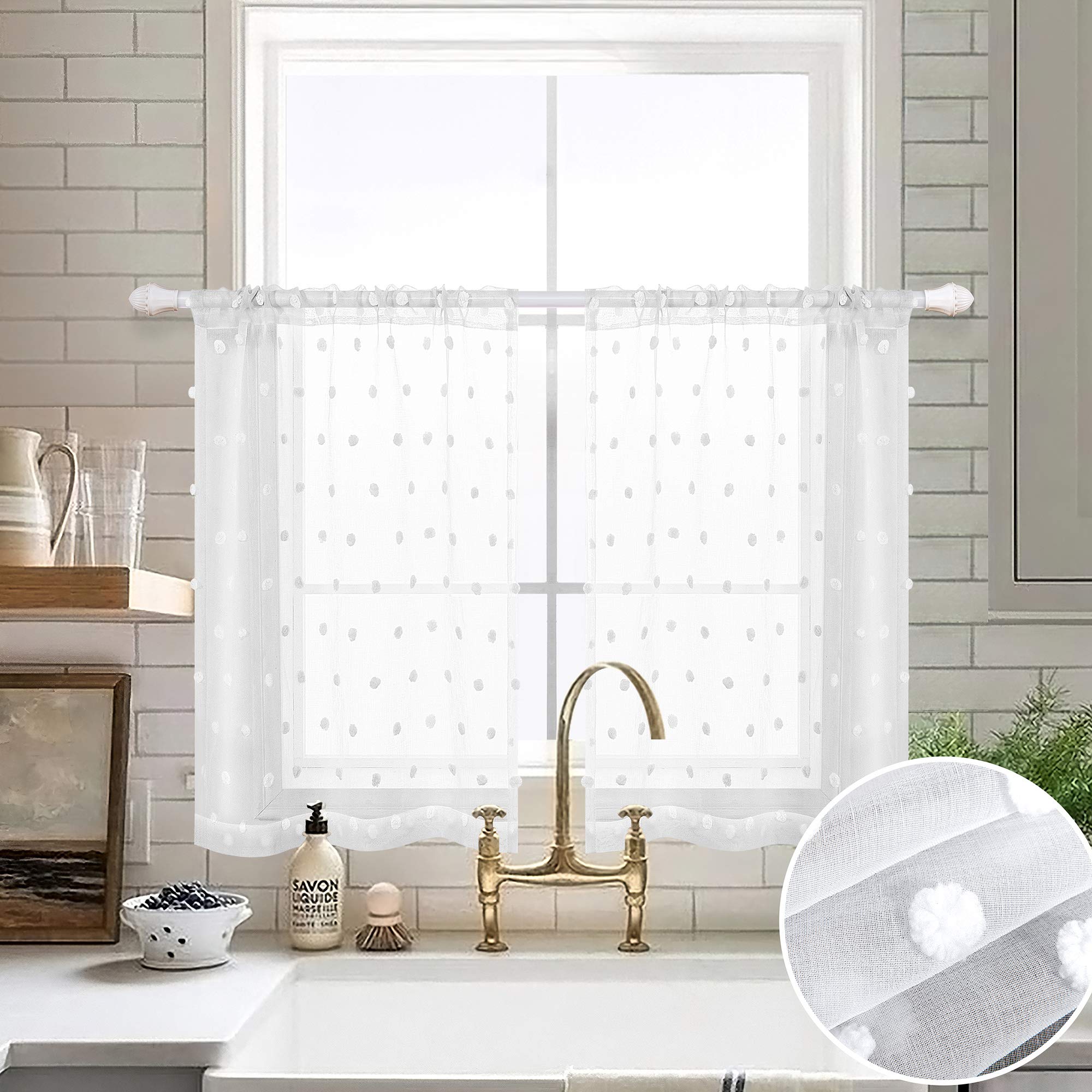 Farmhouse Short Curtains 30 Inch Length - Sheer Kitchen Window Treatments Set - Shabby Chic Modern Snow Pom Textured Cafe Valance - Small French Country Decor for Bathroom, RV & Camper - White - Perfect for Cozy Kitchens, Rustic Bathrooms and Travel Trailers