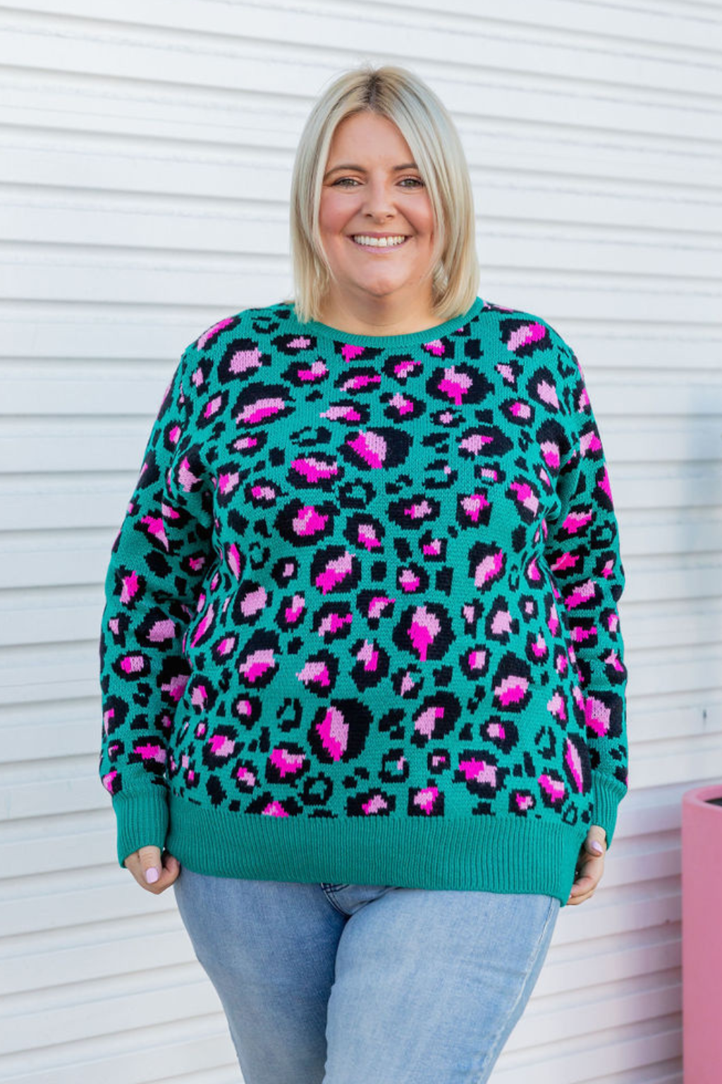 Kasey Rainbow Frankie Knit Sweater - Green Leopard Print Women's Pullover | Cozy Winter Fashion for Casual Outings & Holiday Gatherings