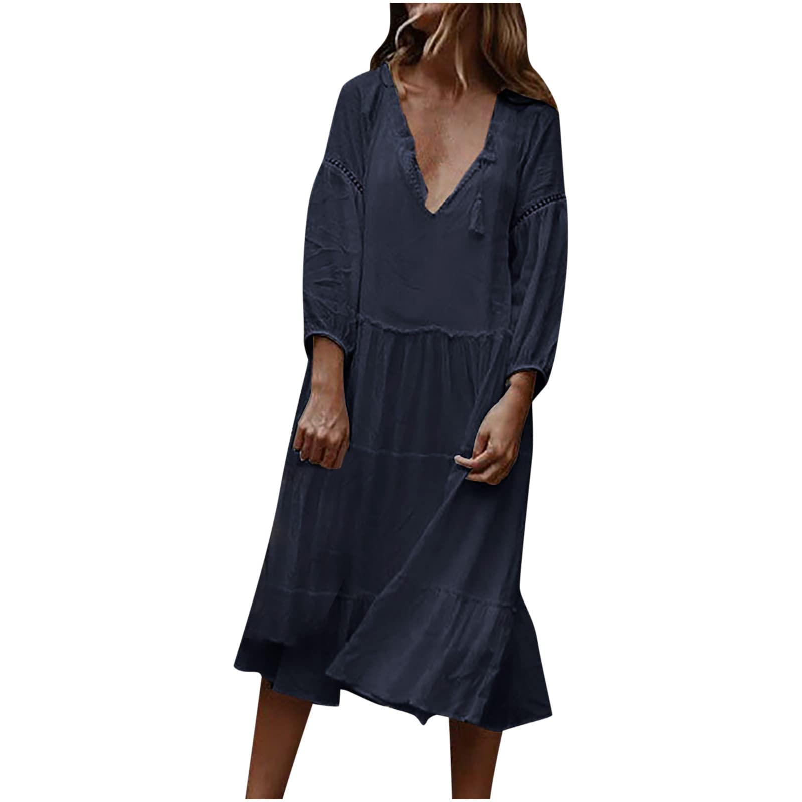Women's Summer Long Sleeve V-Neck Ruffle Midi Dress - Casual Shift Dress in Solid Colors for Beach, Vacation & Everyday Wear | bmkBWO Swing Dress