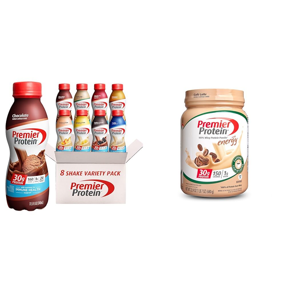 Premier Protein 8 Flavor Variety Pack & Cafe Latte Protein Powder Bundle - 30g High Protein Shakes with 24 Vitamins & Minerals | Post-Workout Recovery, Breakfast Meal Replacement & Healthy Snack for Active Lifestyles