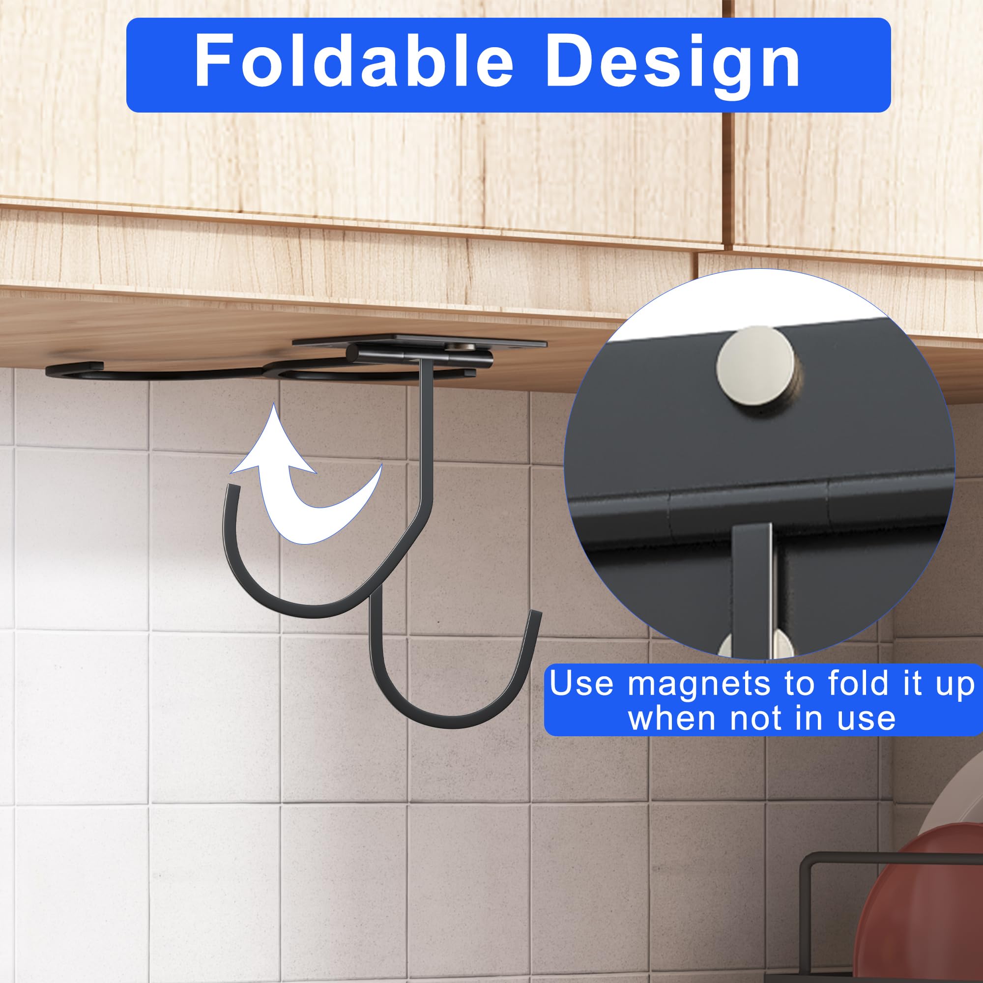 Foldable Magnetic Hooks for Kitchen Cabinets - Double-Sided Under Cabinet Coffee Mug Organizer (Black, 1PC) | Space-Saving Mug Storage for Home & Office Use
