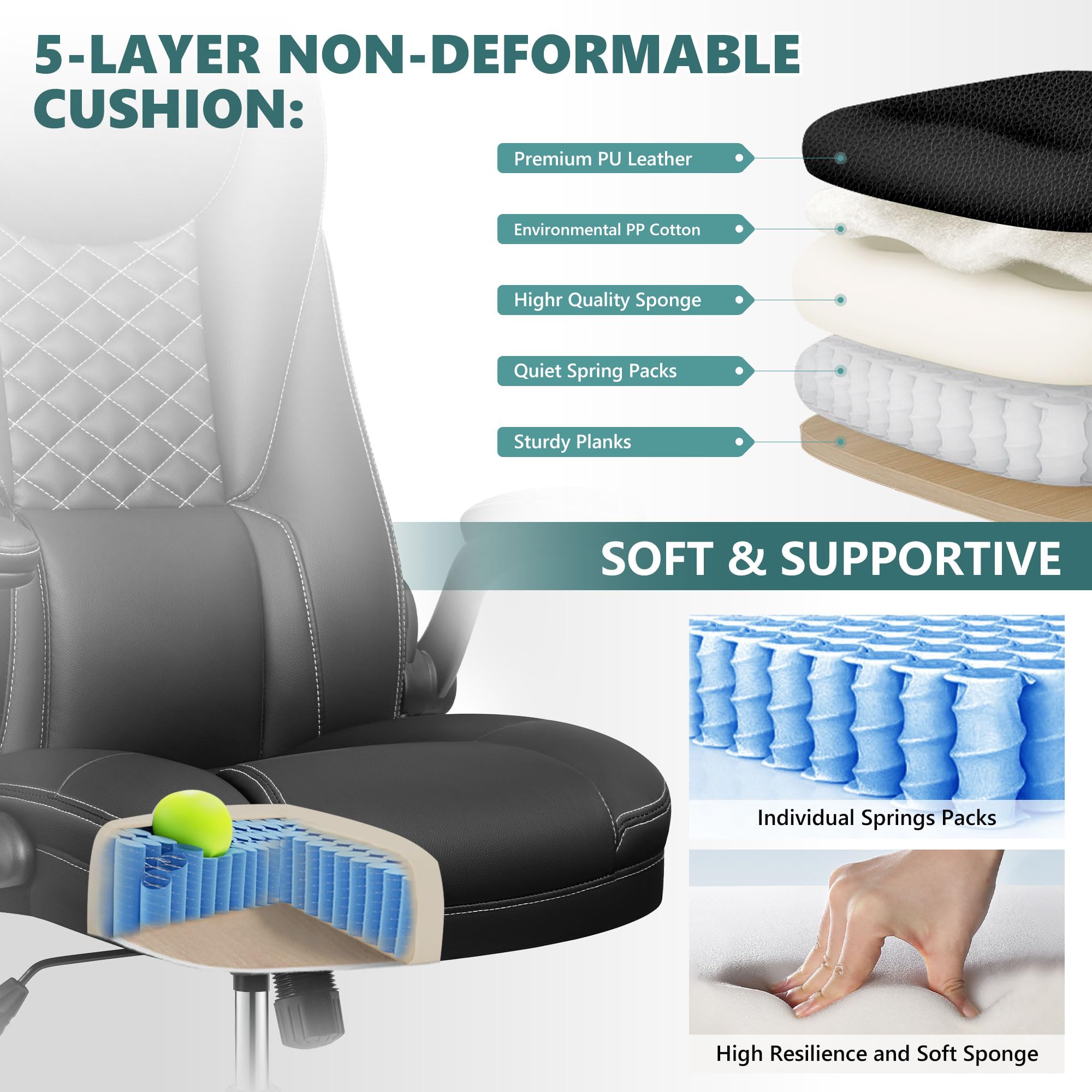 Ergonomic Big and Tall Executive Office Chair - High Back Leather Desk Chair with Lumbar Support & Adjustable Flip-Up Arms - Perfect for Home Office, Gaming, and Computer Work (Black)