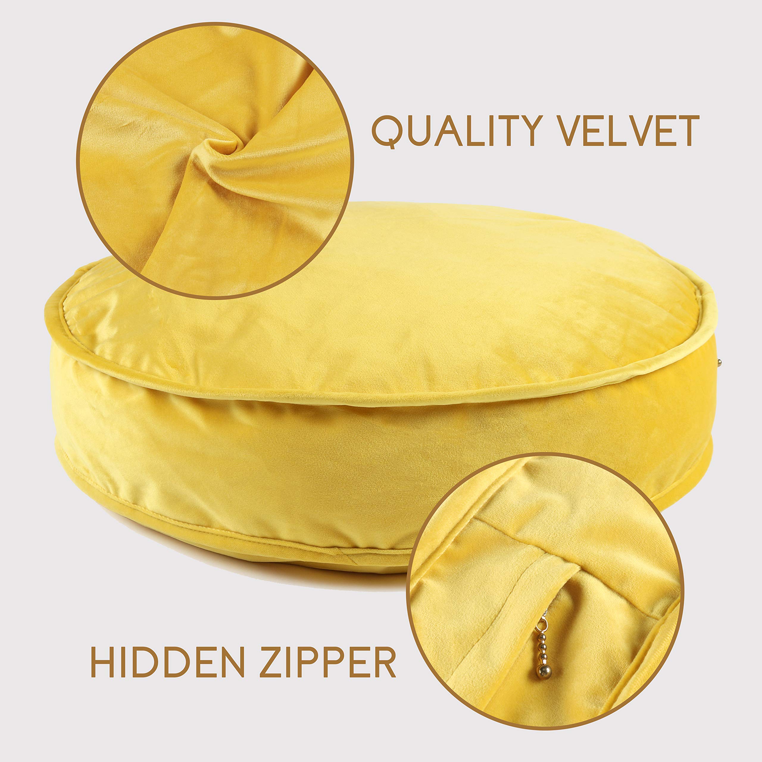 Velvet Round Floor Pillow - 19.7 Inch Soft Chair Cushion & Pouf Seat for Living Room, Bedroom, Reading Nook | Yellow Bean Bag for Kids Playroom, Yoga Meditation & Lounge Comfort