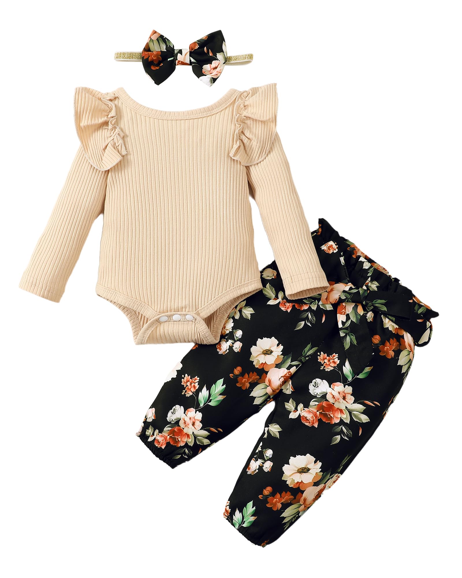 Adorable Baby Girl Clothes Set - Floral Ruffle Romper & Ribbed Pants for Newborns | Perfect for Photoshoots, Playdates & Special Occasions