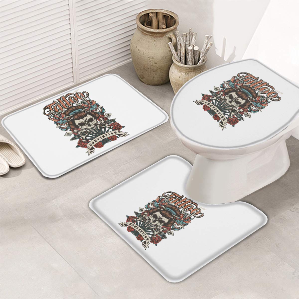 Royalreal 3-Piece Bathroom Rug Set - Non-Slip Backing, Machine Washable (1 Bath Mat, 1 Contour Rug, 1 Toilet Lid Cover) - Japanese Geisha & Snake Skull Design - Perfect for Bathroom Decor, Home Upgrade & Gift Idea