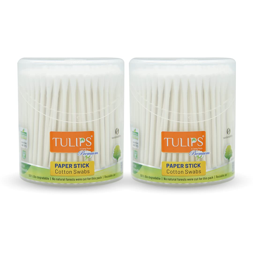 Premium Cotton Swabs with Paper Sticks - 200/400 Count, 2-Pack in Flip-Top Jar | Gentle & Hygienic Ear Cleaning, Makeup Application, First Aid & Crafting