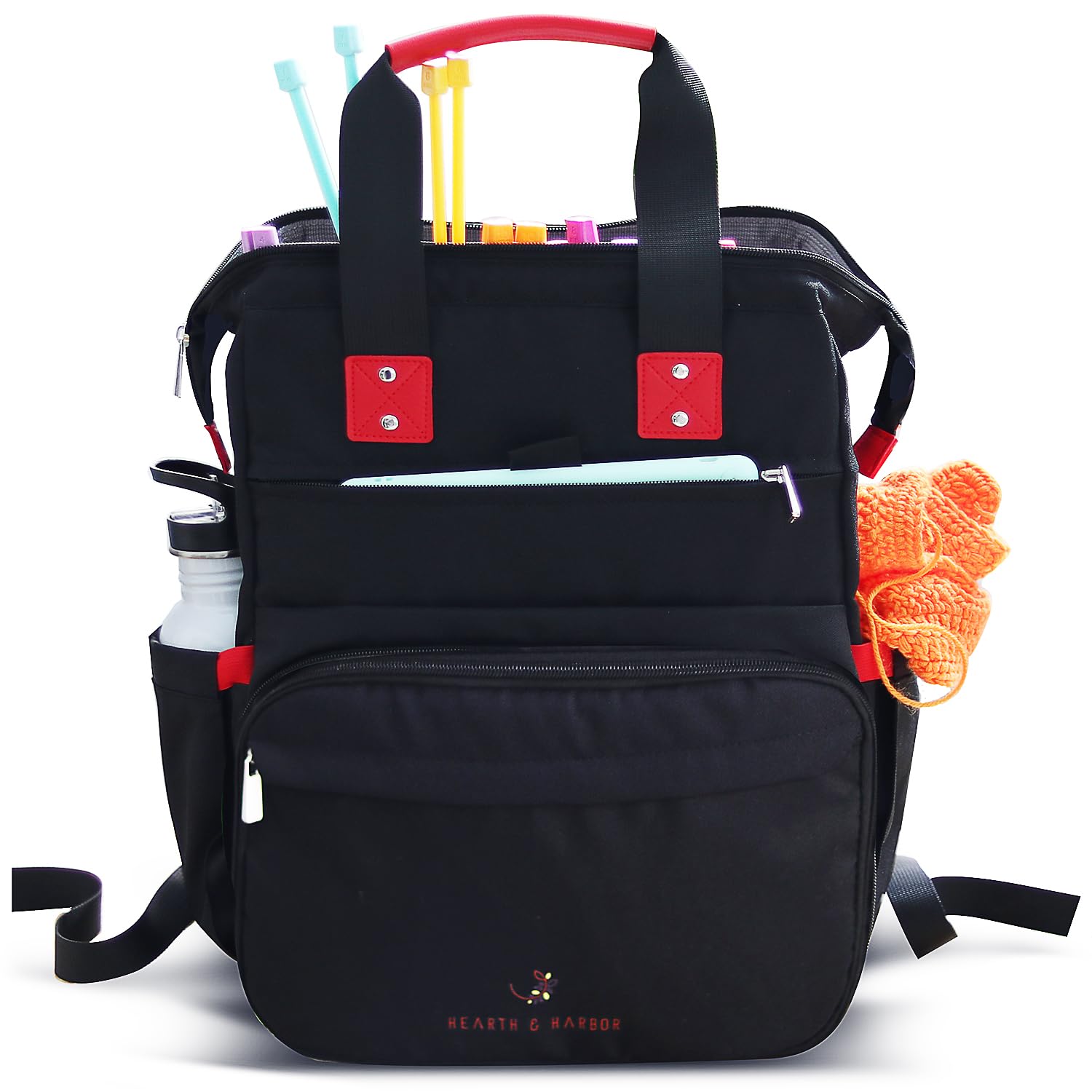 Hearth & Harbor Crochet Backpack - Canvas Knitting Bag & Yarn Organizer with USB Charging Port | Perfect for Crochet Supplies Storage, Travel Knitting Projects & On-the-Go Crafting