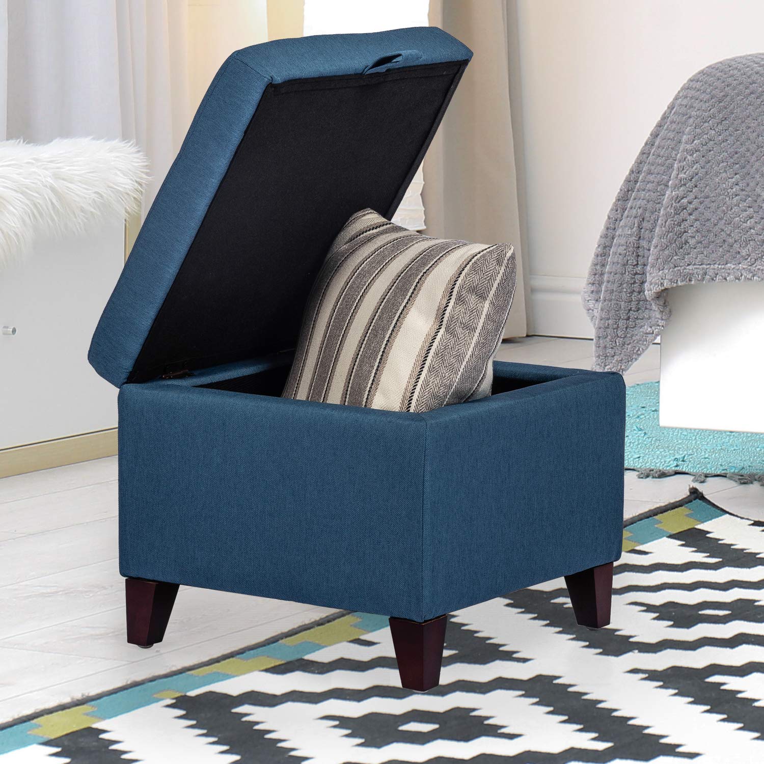Homebeez Dark Blue Storage Ottoman Cube - Foot Rest Stool with Hinged Lid & Wooden Legs | Multi-Functional for Living Room, Bedroom & Office Organization