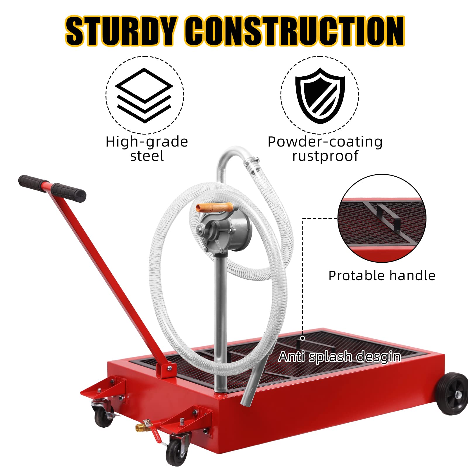 GARVEE 25 Gallon Hand Pump Oil Drain Pan with 95L Low Profile Design - Heavy Duty Automotive Oil Change Pan for Cars, Trucks & Motorcycles - Red