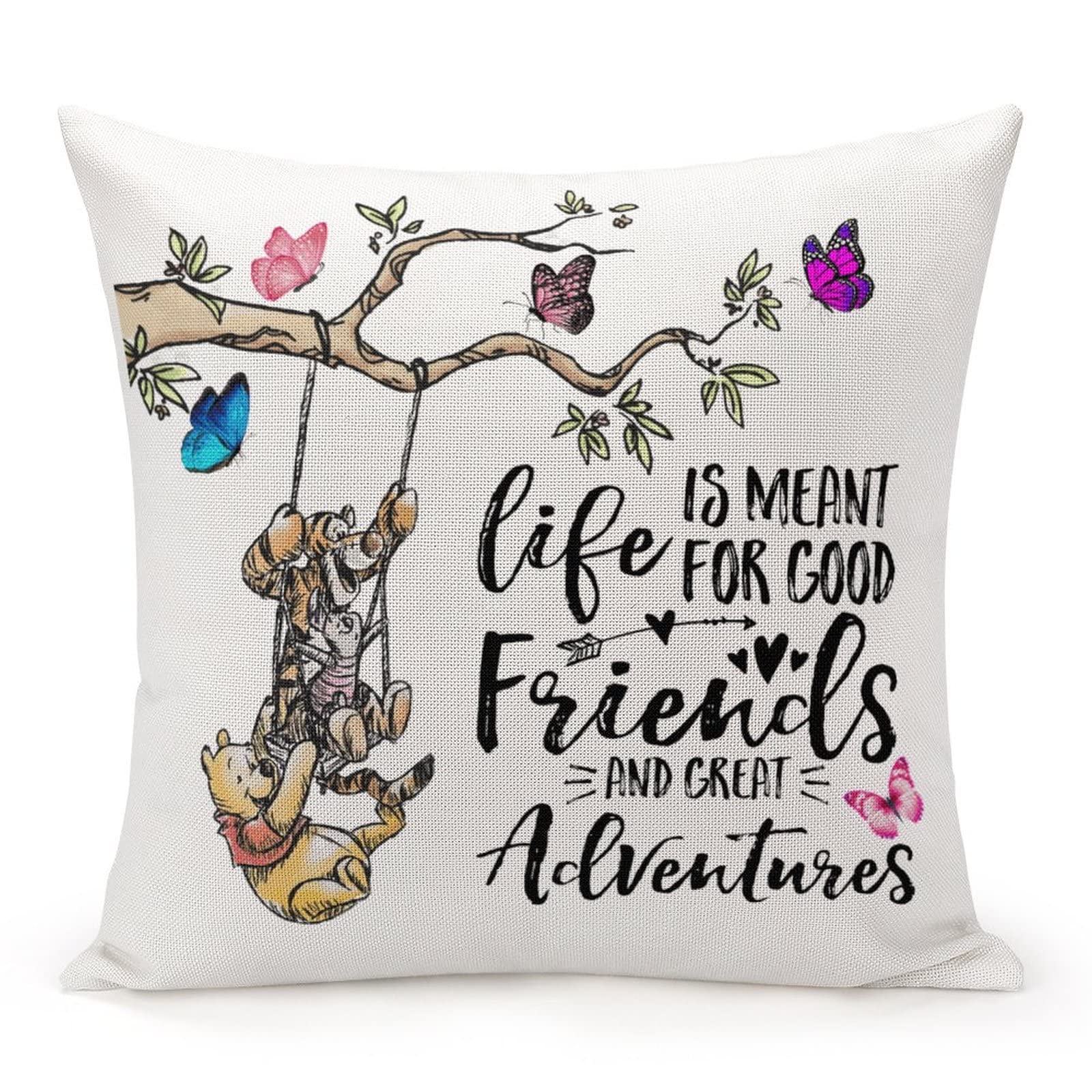 MKONY Funny Children Classic Quotes Throw Pillow Cover 18x18 Inch - Good Friends & Great Adventures Linen Decorative Pillow Case for Sofa, Bedroom, Living Room - Perfect for Kids' Rooms, Nursery Decor & Cozy Home Accents