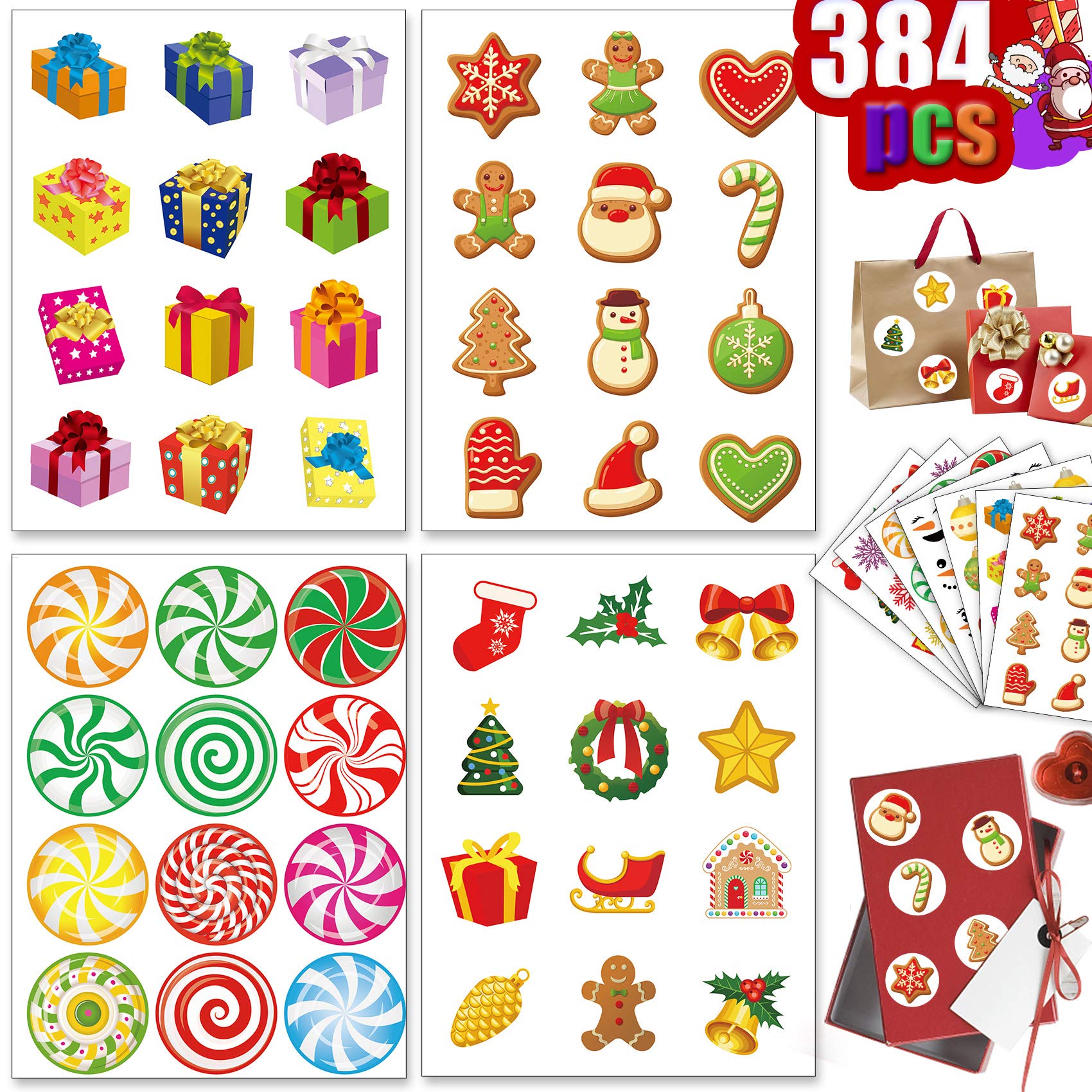 Funnlot Christmas Stickers 384pcs - Santa Snowman Reindeer for Kids Holiday Decor