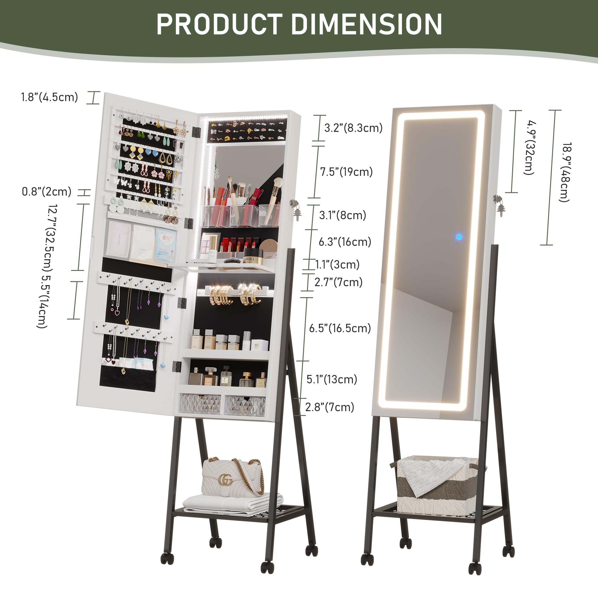 Full-Length LED Standing Mirror with Jewelry Storage - Smart Touch Control, 6 Color Lighting Options, Lockable Cabinet & Removable Wheels for Bedroom, Dressing Room, and Closet Organization