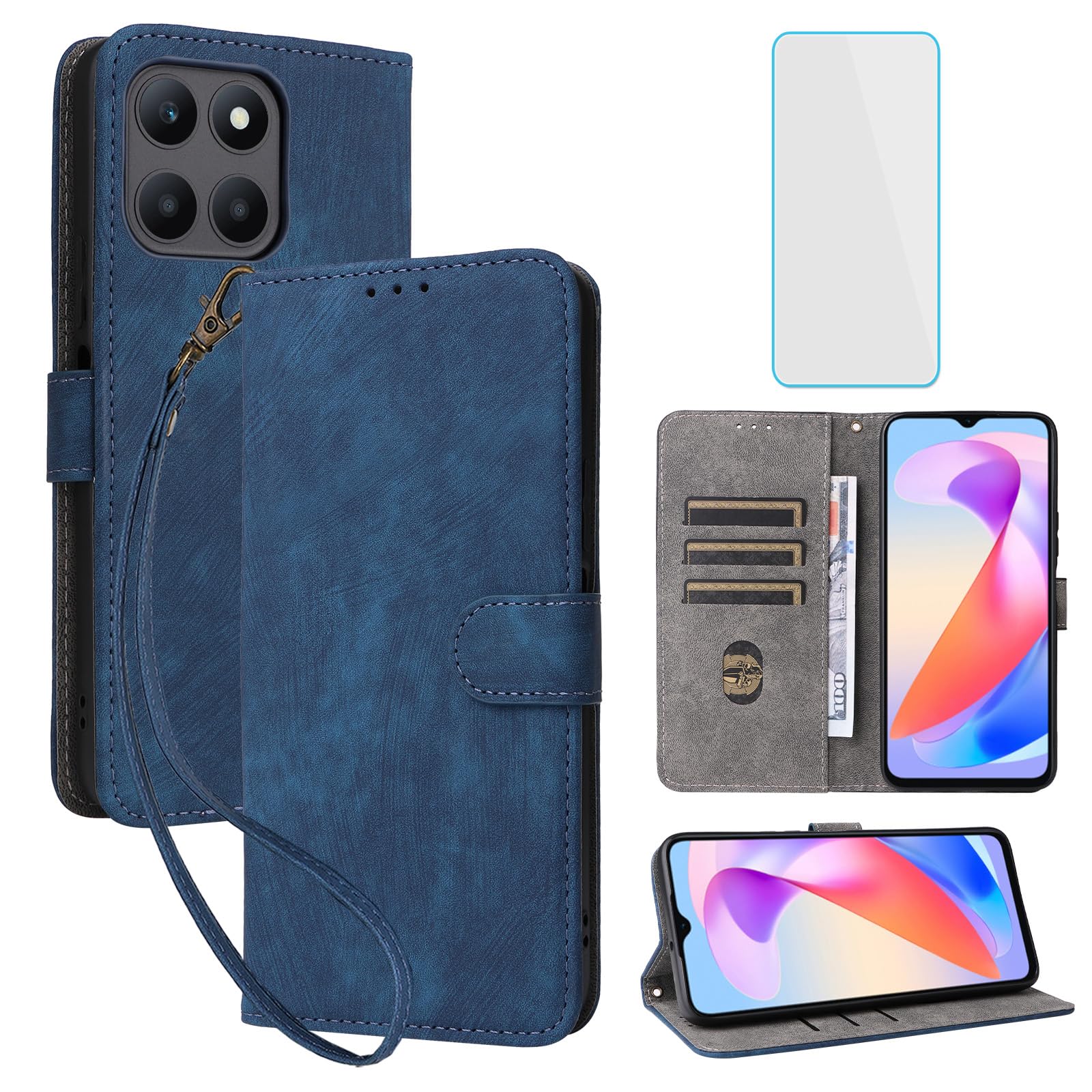 Premium RFID Blocking Leather Flip Wallet Case for Honor X6A Plus/X6A - Card Holder with Kickstand & Wrist Strap, Screen Protector Included (Blue) | Perfect for Daily Use, Travel & Business Meetings