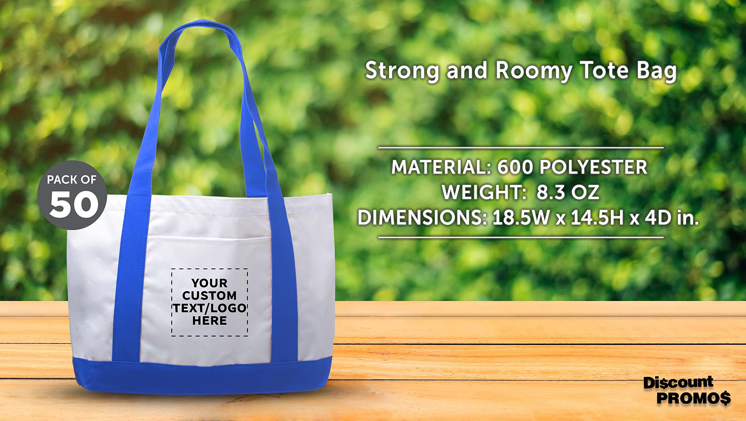 50 Pack Customizable Canvas Tote Bags with Reinforced Straps & Front Pocket - Bulk Polyester Shoulder Bags for Promotions, Events, Retail & Business Branding - Fashionable Blue Design for Shopping, Beach & Everyday Use