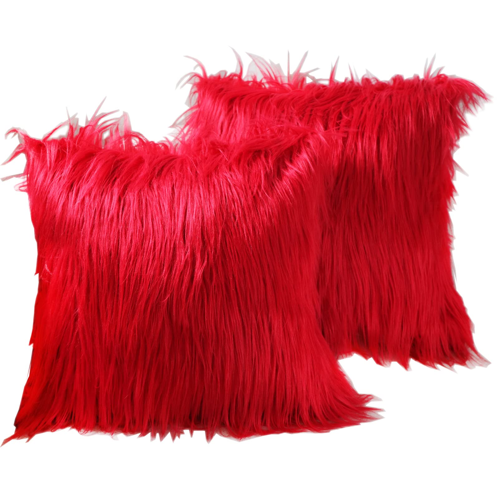 Luxury Faux Fur Throw Pillow Covers 18x18 Inch (45x45cm) - Soft Mongolian Long Fur Square Cushion Covers for Couch, Sofa & Floor - 100% Polyester Home Decor (Bright Red, 2-Pack) - Perfect for Living Room, Bedroom & Cozy Home Decor