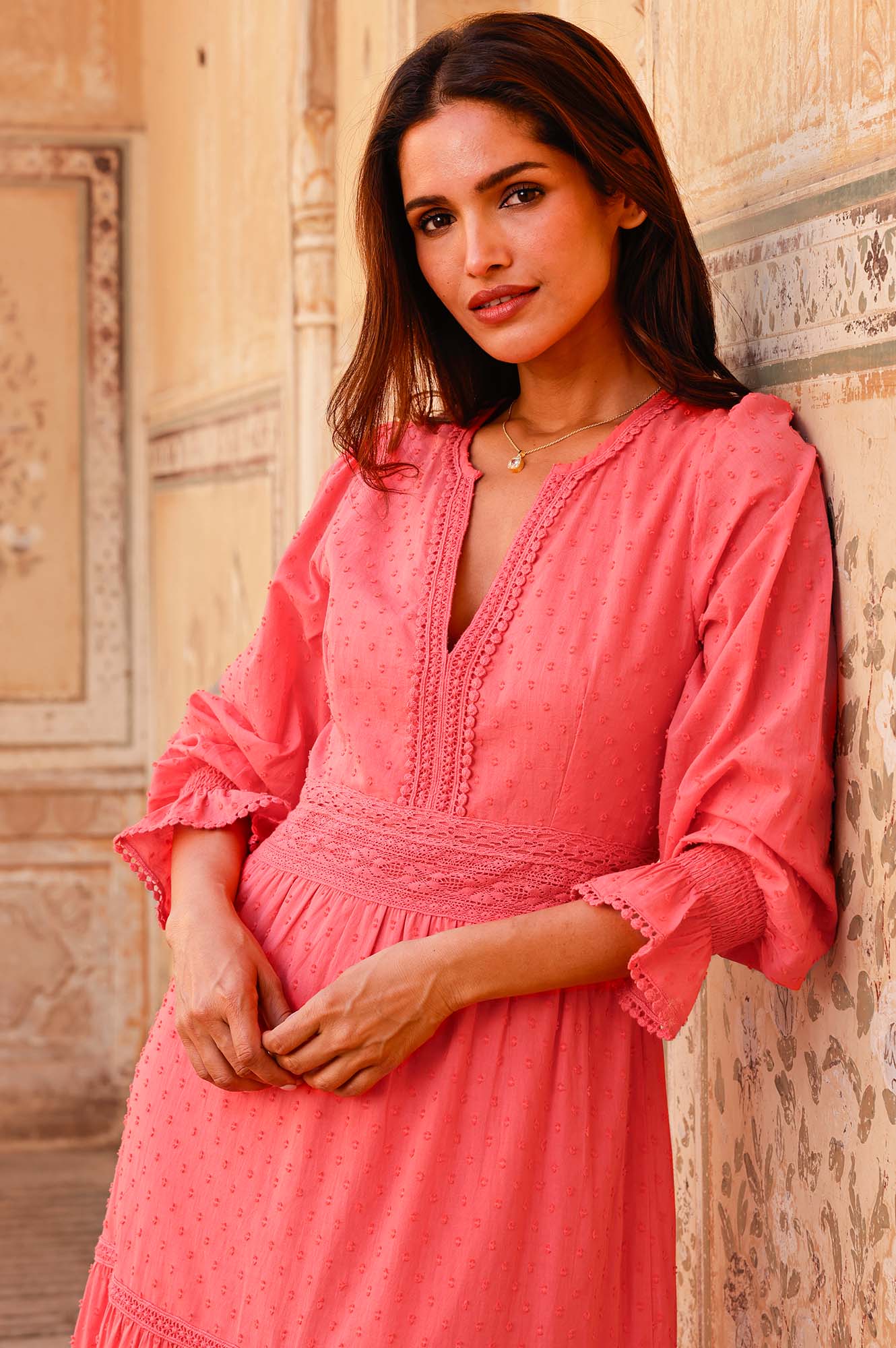Organic Cotton Dobby Dress for Women | Breathable Summer Casual Dress in Coral | Perfect for Beach Outings, Brunch Dates & Vacation Wear