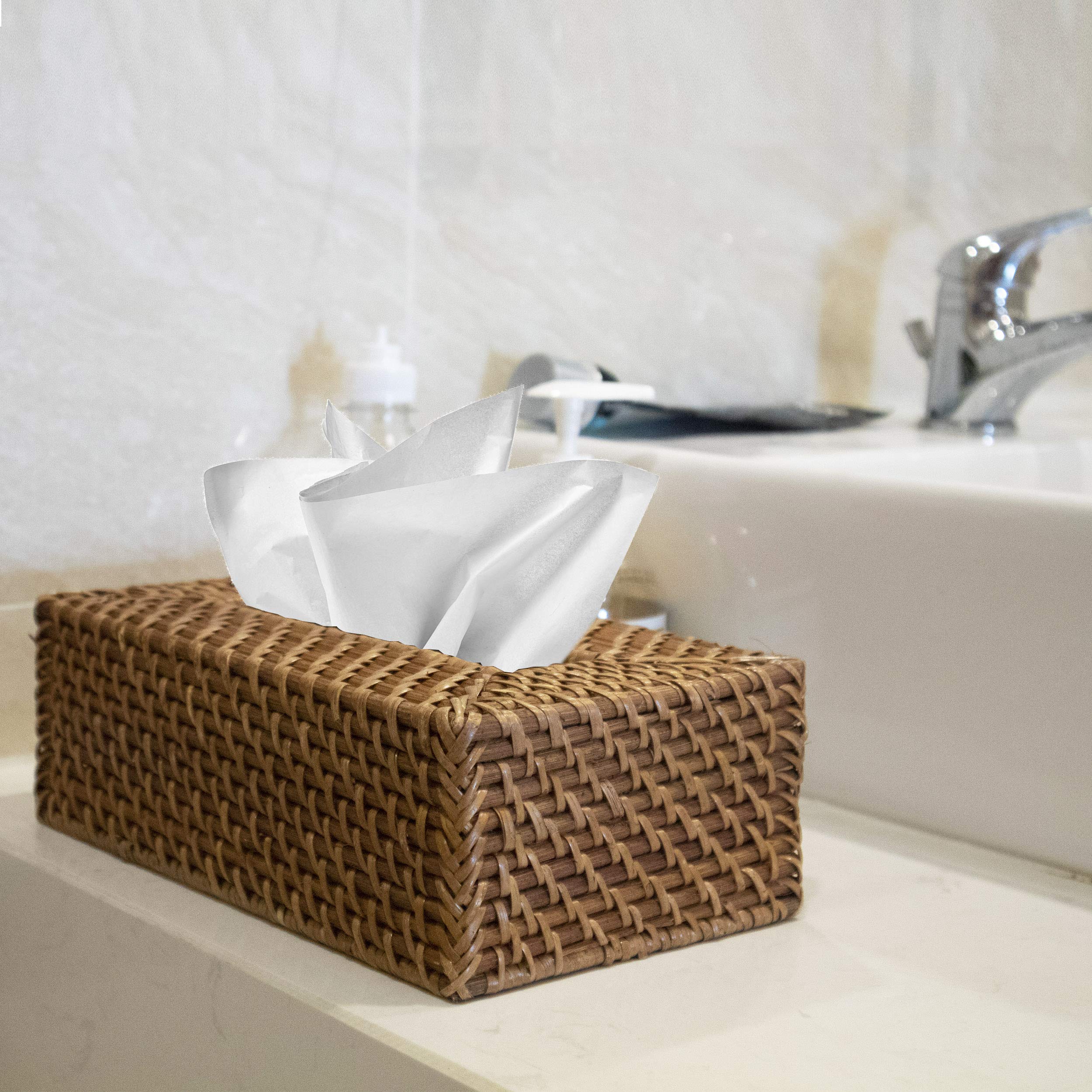 Handmade Rectangular Rustic Natural Brown Rattan & Wicker Woven Tissue Box Cover Holder - Organic Home Decor for Kitchen, Bathroom, Office | Free Tissue Box Included | Perfect for Farmhouse, Coastal & Boho Style Decor