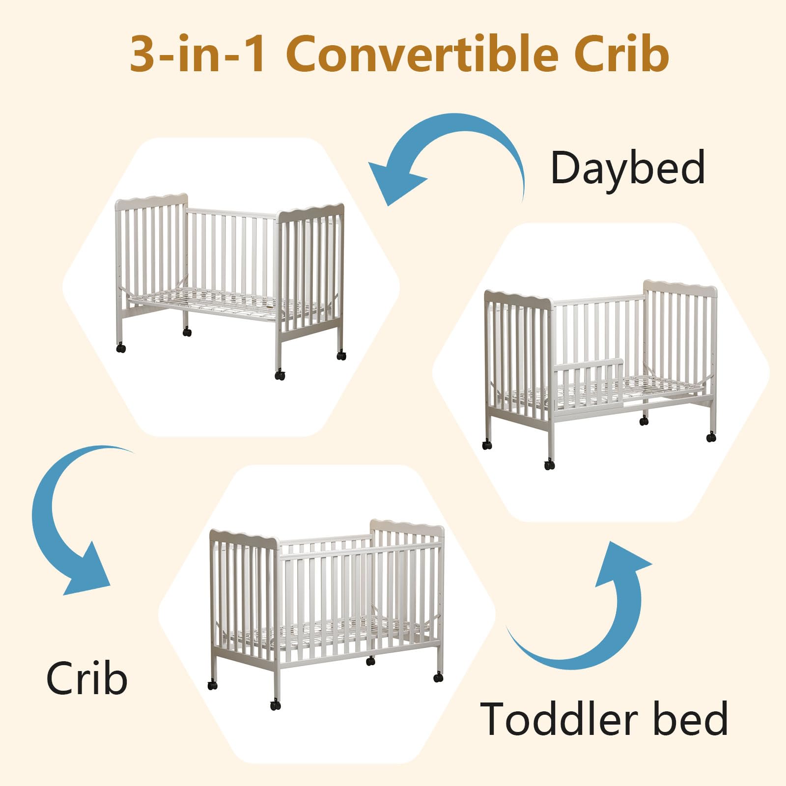 3-in-1 Convertible Baby Crib to Toddler Bed & Full Size Bed Frame - Safe Nursery Furniture for Boys & Girls - Perfect for Newborns, Infants & Growing Kids (Mattress Not Included) | Ideal for Nursery Rooms, Daycare Centers & Small Bedrooms