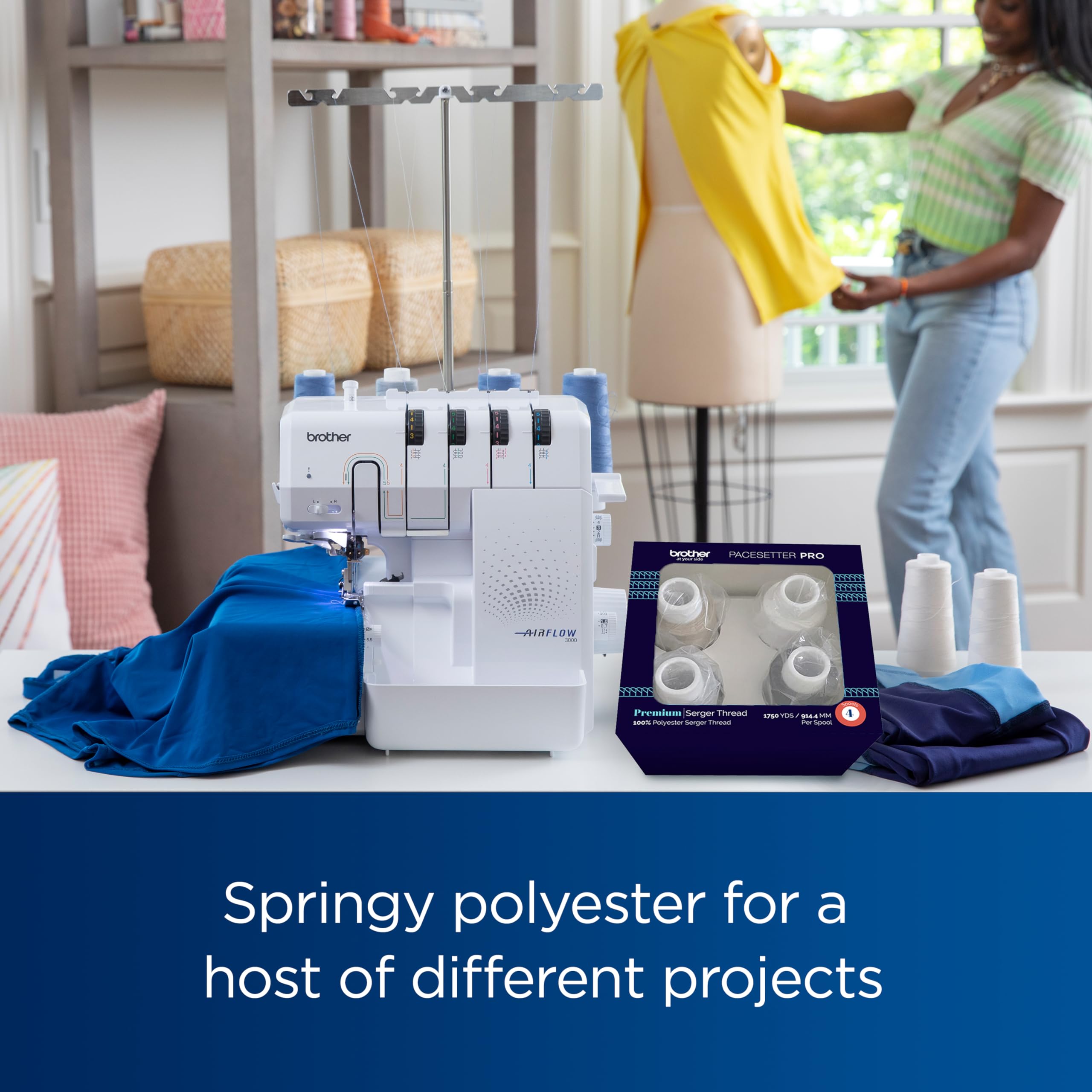 Brother AIR1800 Overlock Sewing Machine with Jet Air Threading - 2/3/4 Thread Capability, LED Lighting, Wide Table Extension & 4-Piece Thread Cones Starter Pack - Perfect for Quilting, Garment Construction and Home Decor Projects