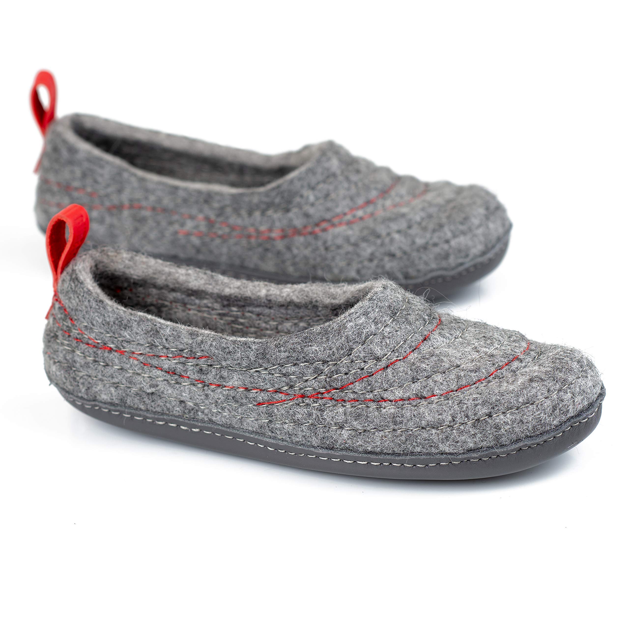 Warm Wool Slippers with Embroidered Design & Red Pull Loop - Handmade in Europe - Cozy House Shoes for Women - Perfect Mother's Day Gift for Her
