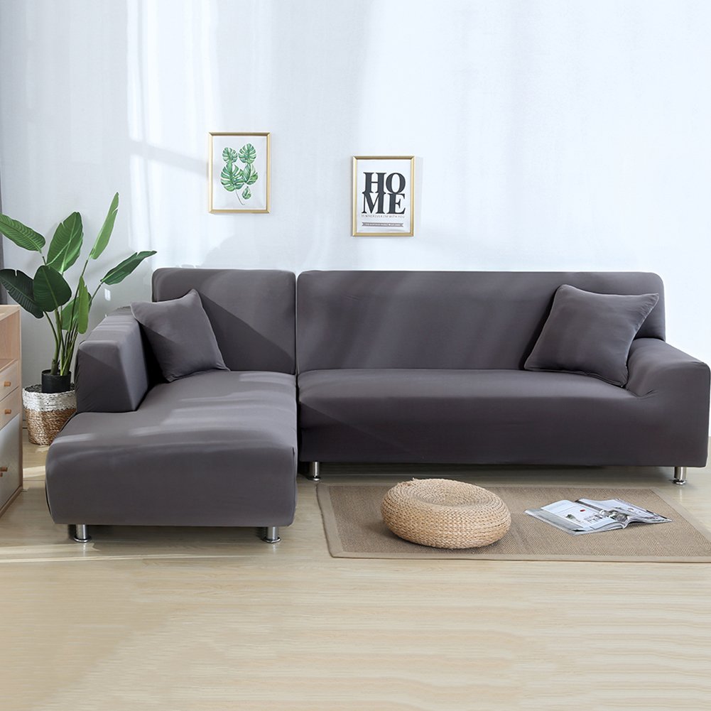 MIFXIN 2-Piece Stretchable Polyester Sectional Sofa Cover - L-Shaped 3+3 Seater Couch Slipcover, Dark Grey Furniture Protector for Living Room, Home Decor | Perfect for Pets, Kids & Daily Use