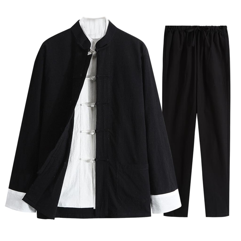 Traditional Chinese Kung Fu Uniform & Tang Suit for Men - Cotton Linen Tai Chi Outfit with Shirt, Pants & Jacket (Black, Sizes 1-5XL) | Perfect for Martial Arts Training, Tai Chi Practice & Cultural Performances