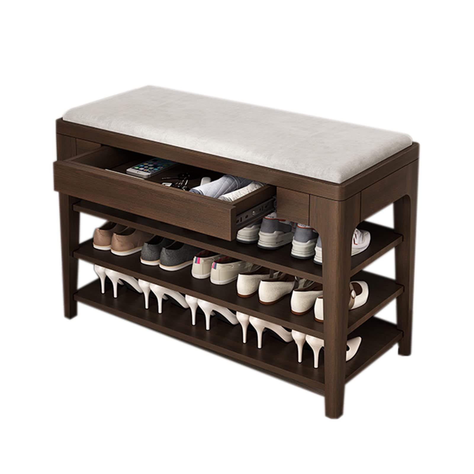 Solid Wood Shoe Rack Bench with Drawers - 3-Tier Storage Organizer for Entryway & Bedroom