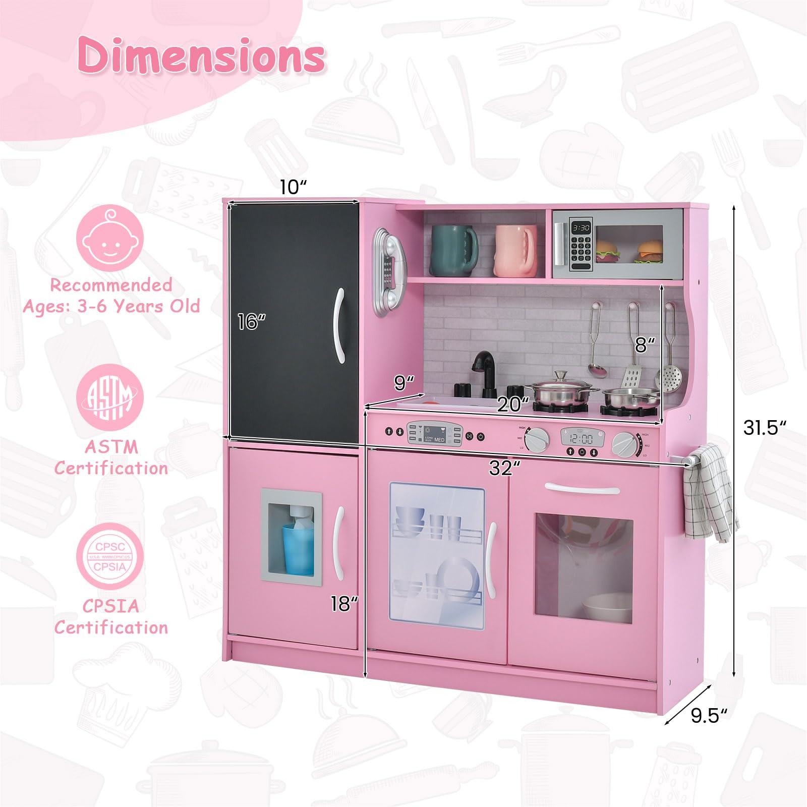 **HONEY JOY Pink Wooden Kids Kitchen Playset - Pretend Chef Toy with Chalkboard, Telephone, Utensils, Oven, Microwave & Sink - Toddler Play Kitchen for Boys & Girls - Perfect Gift for Pretend Cooking & Role Play Fun**    *(Ideal for Birthday Gifts, Preschool Learning, Imaginative Play & Toddler Development)*