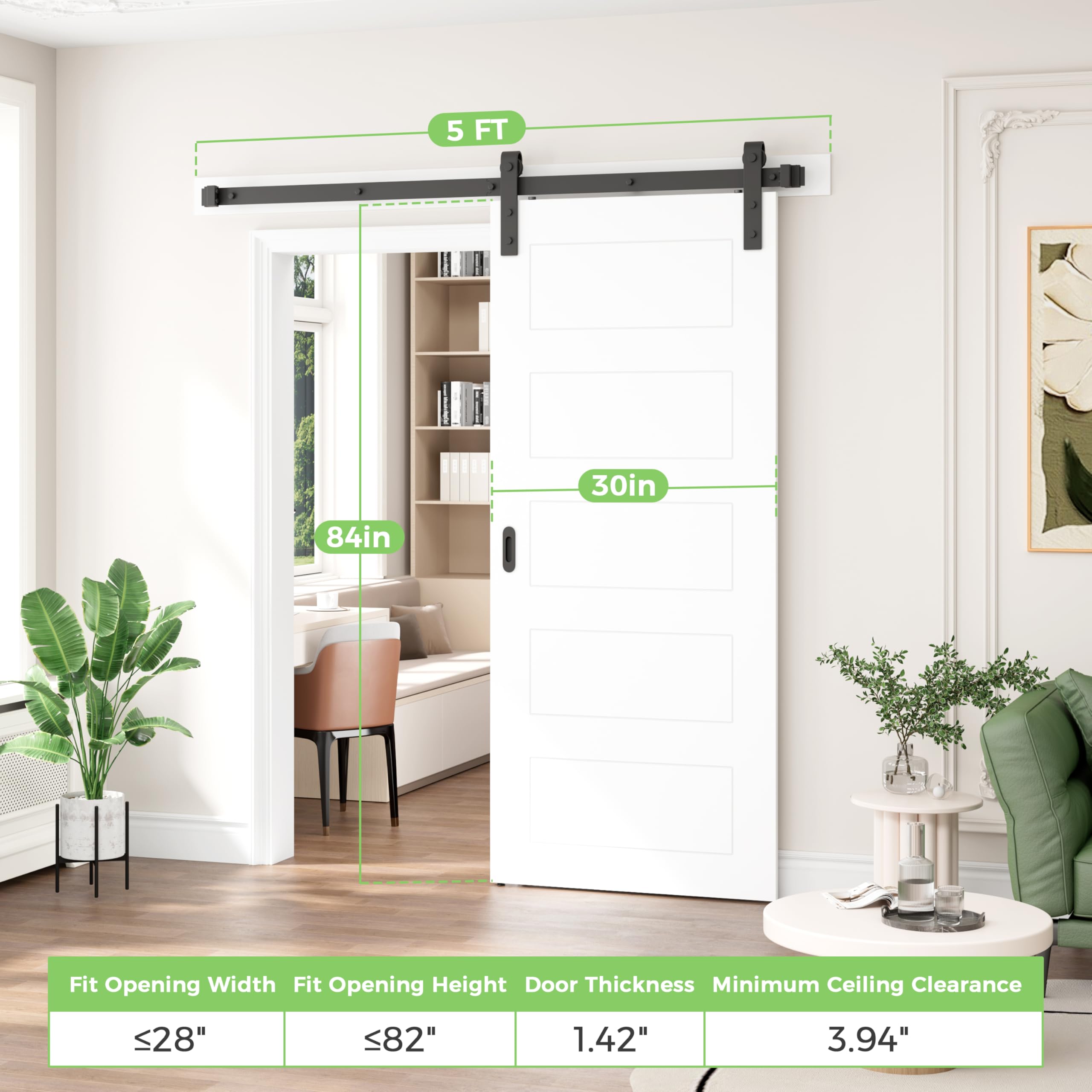 DELAVIN 30 x 84 Inch White Sliding Barn Door Kit with 5-Panel Design - Waterproof & Scratch-Resistant PVC Surface - Includes 5 FT Hardware & Handles - Easy Assembly for Interior Doors - Perfect for Bedrooms, Closets, and Farmhouse Style Homes