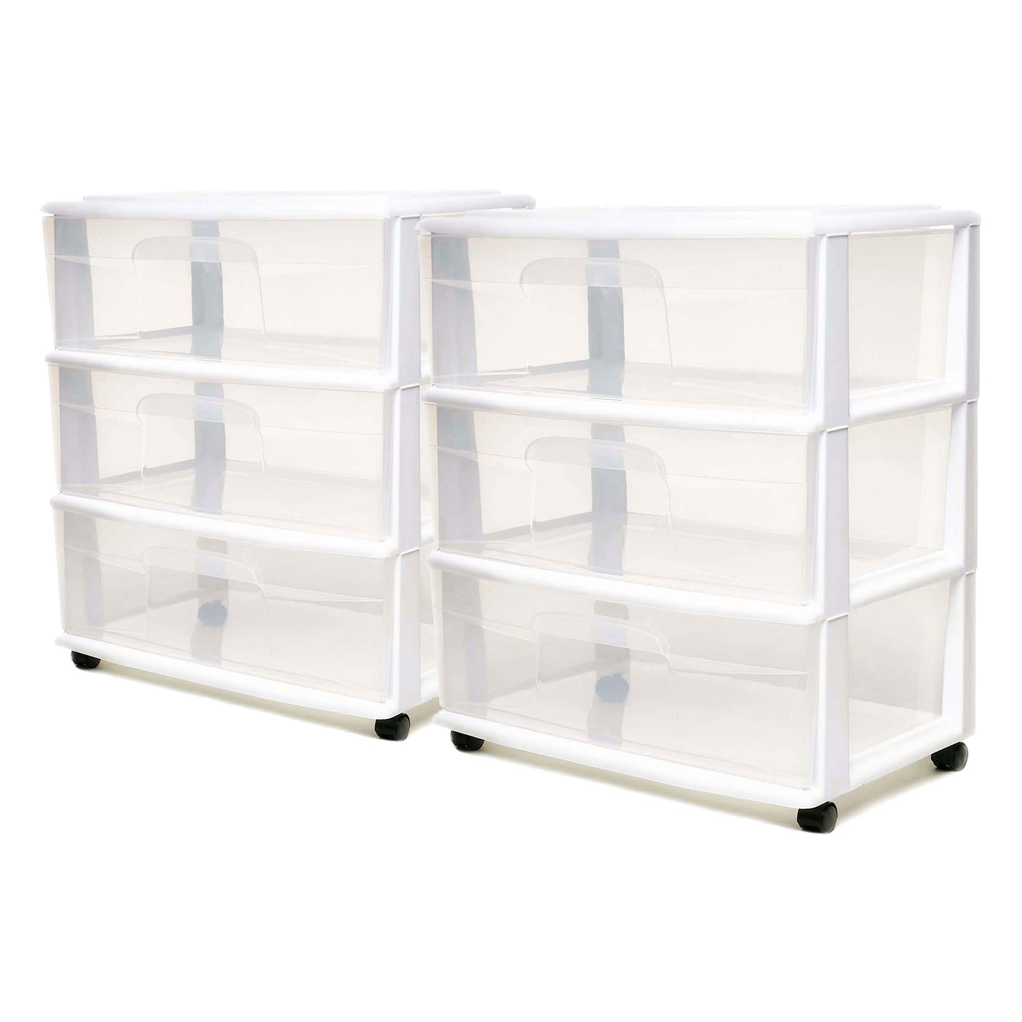 HOMZ 2-Pack 3-Tier Clear Plastic Storage Drawer Tower Organizer with White Frame - Wide Space-Saving Solution for Bedroom, Bathroom, Office & Closet Organization