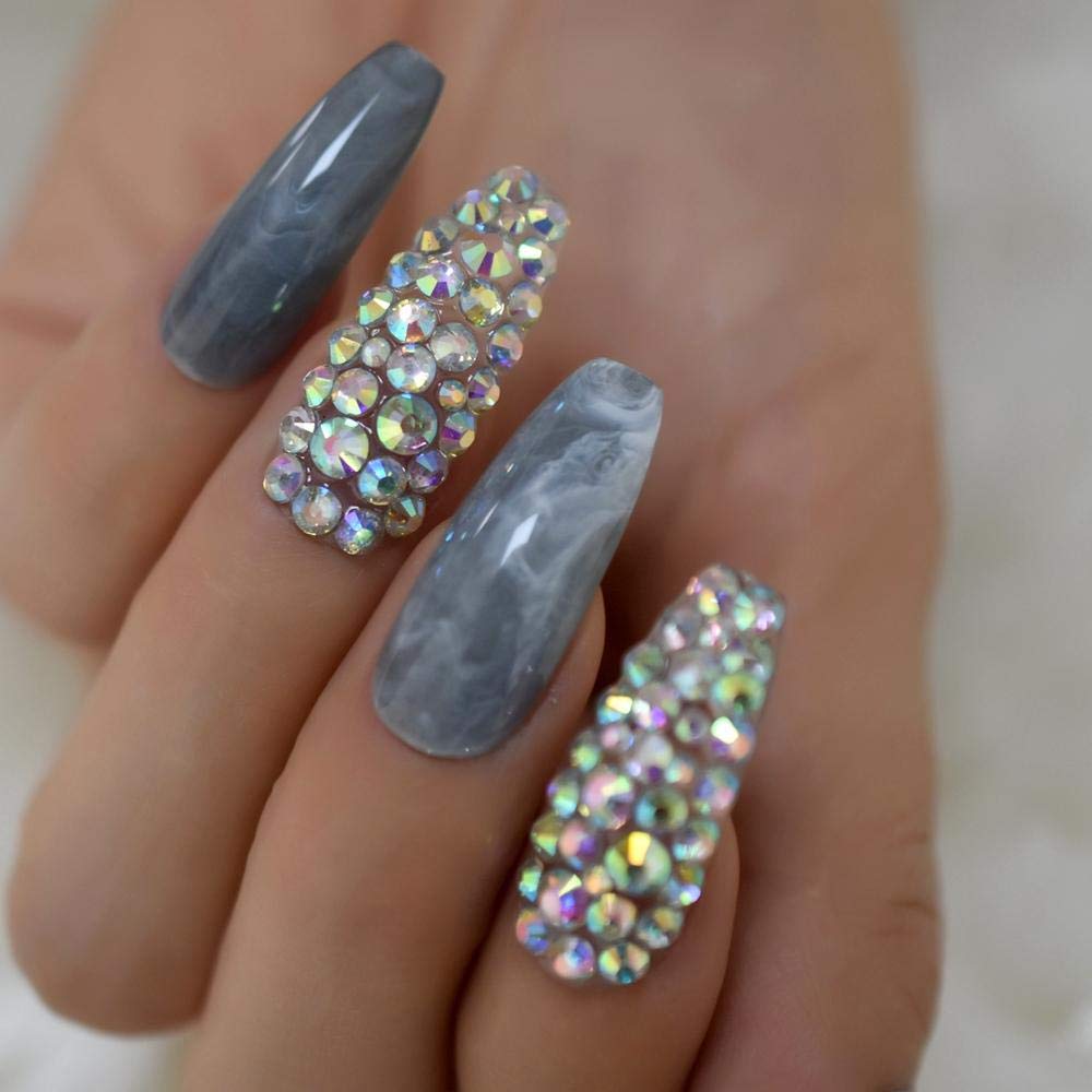 Grey Marble Stone Press On Fake Nails - Extra Long Coffin Ballerina False Nails for Women | Perfect for Parties, Weddings, and Special Occasions