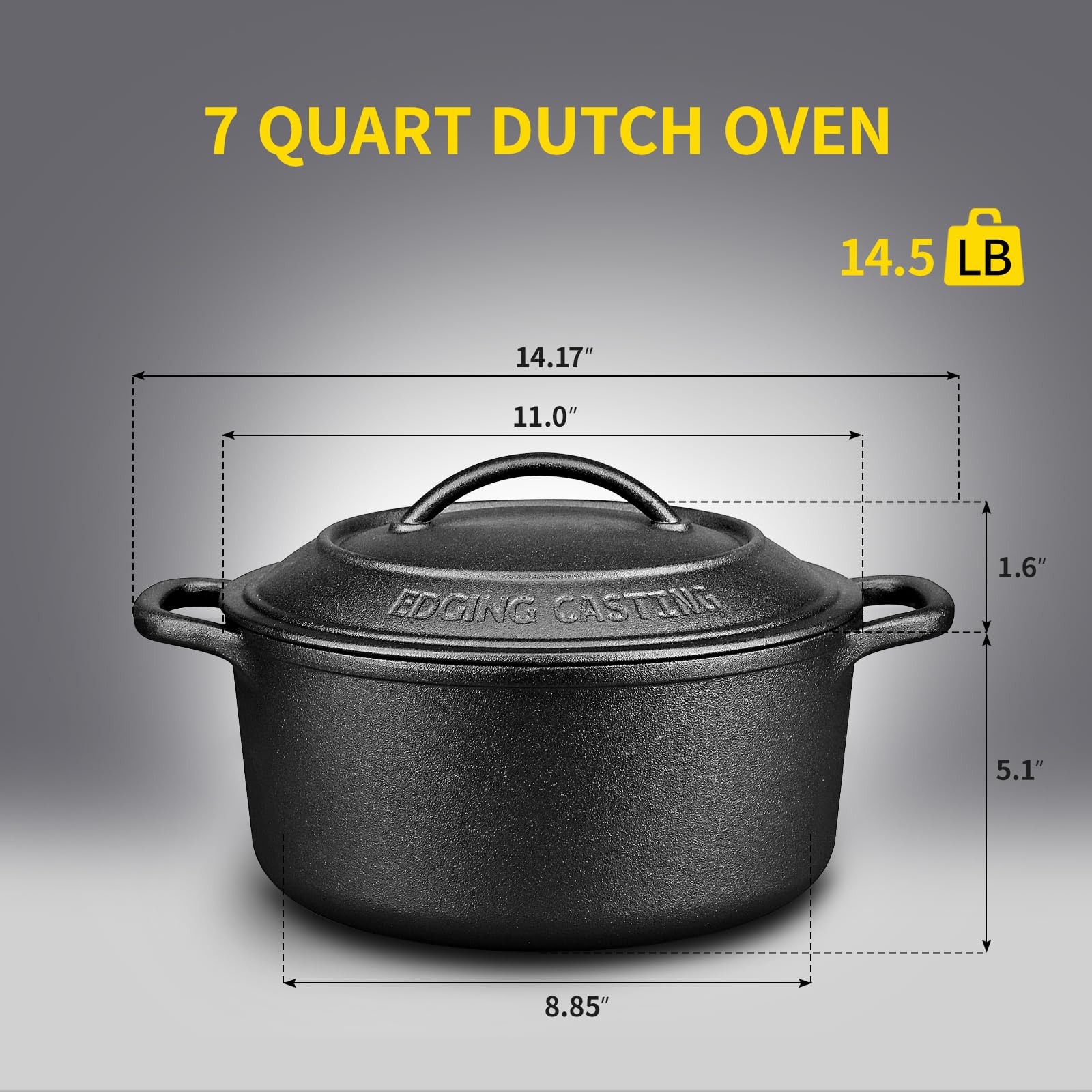 Pre-Seasoned Cast Iron Dutch Oven with Lid - 7 Quart Round Dual Handle Pot for Sourdough Bread Baking, Camping & Outdoor Cooking - Black