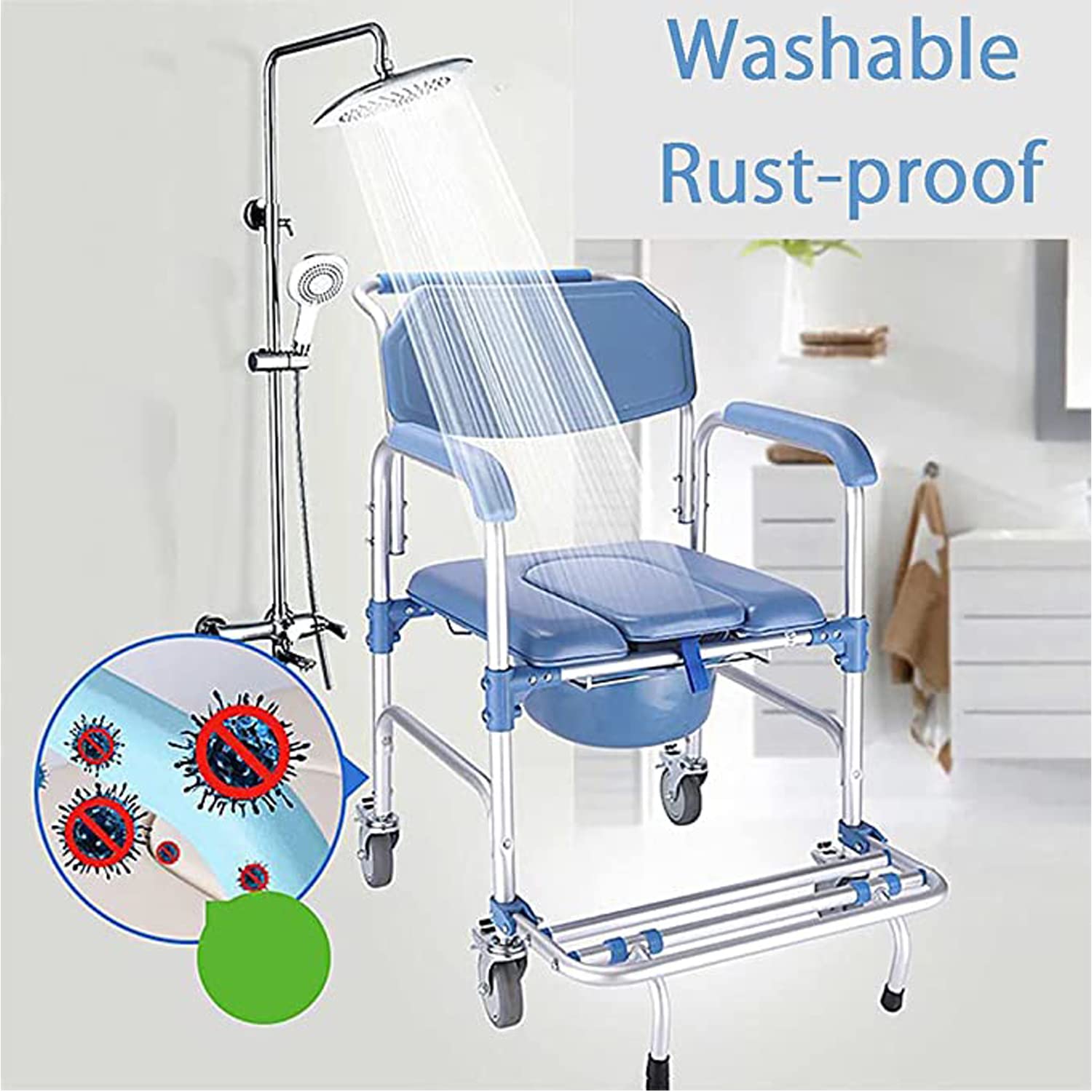 Ybaymy Rolling Shower Commode Chair - 330lbs Weight Capacity Wheelchair with Locking Wheels & Padded Seat for Elderly & Disabled - Ideal for Bathroom Safety, Mobility Assistance & Home Care