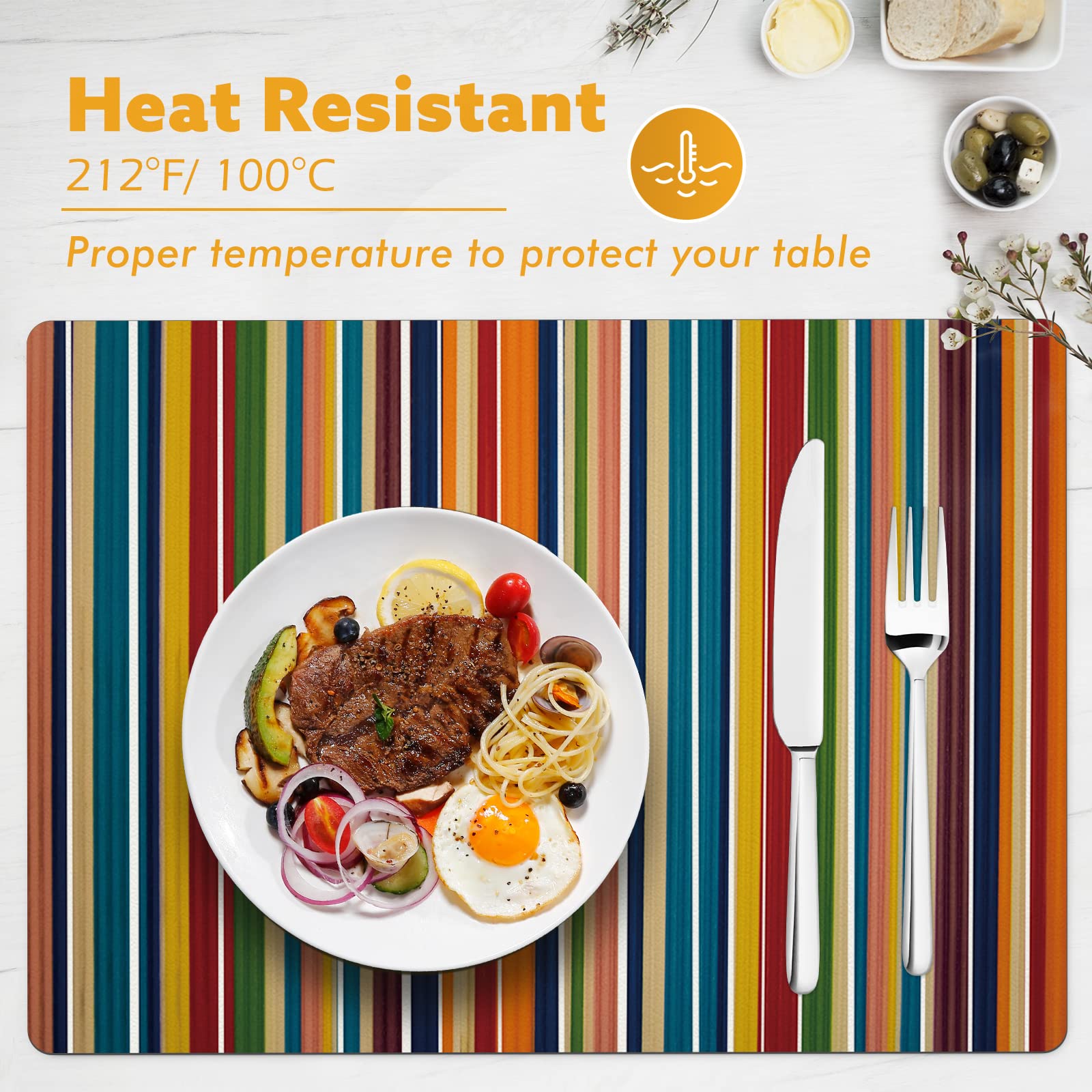 Color Stripe Heat Resistant Non-Slip PVC Table Mats - Washable Dining Table Placemats for Kitchen, Dining Room, and Outdoor Use