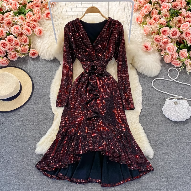 Elegant Autumn V-Neck Sequined Ruffled Mermaid Evening Dress for Women - Perfect for Holiday Parties, Prom, Wedding Guest & Special Occasions