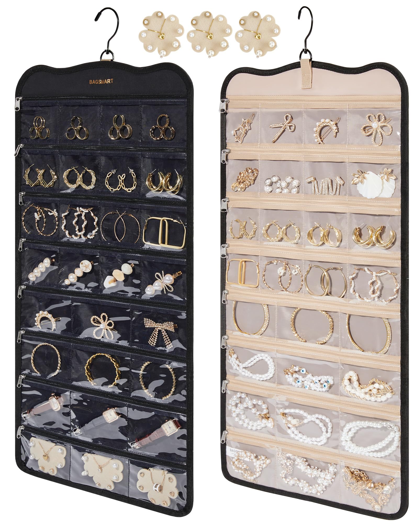 BAGSMART Hanging Jewelry Organizer with 56 Zipper Pockets - Large Travel Jewelry Holder for Earrings, Necklaces & Accessories - Wall Mount Cosmetic Organizer (Black) | Perfect for Bedroom, Bathroom & Travel Organization